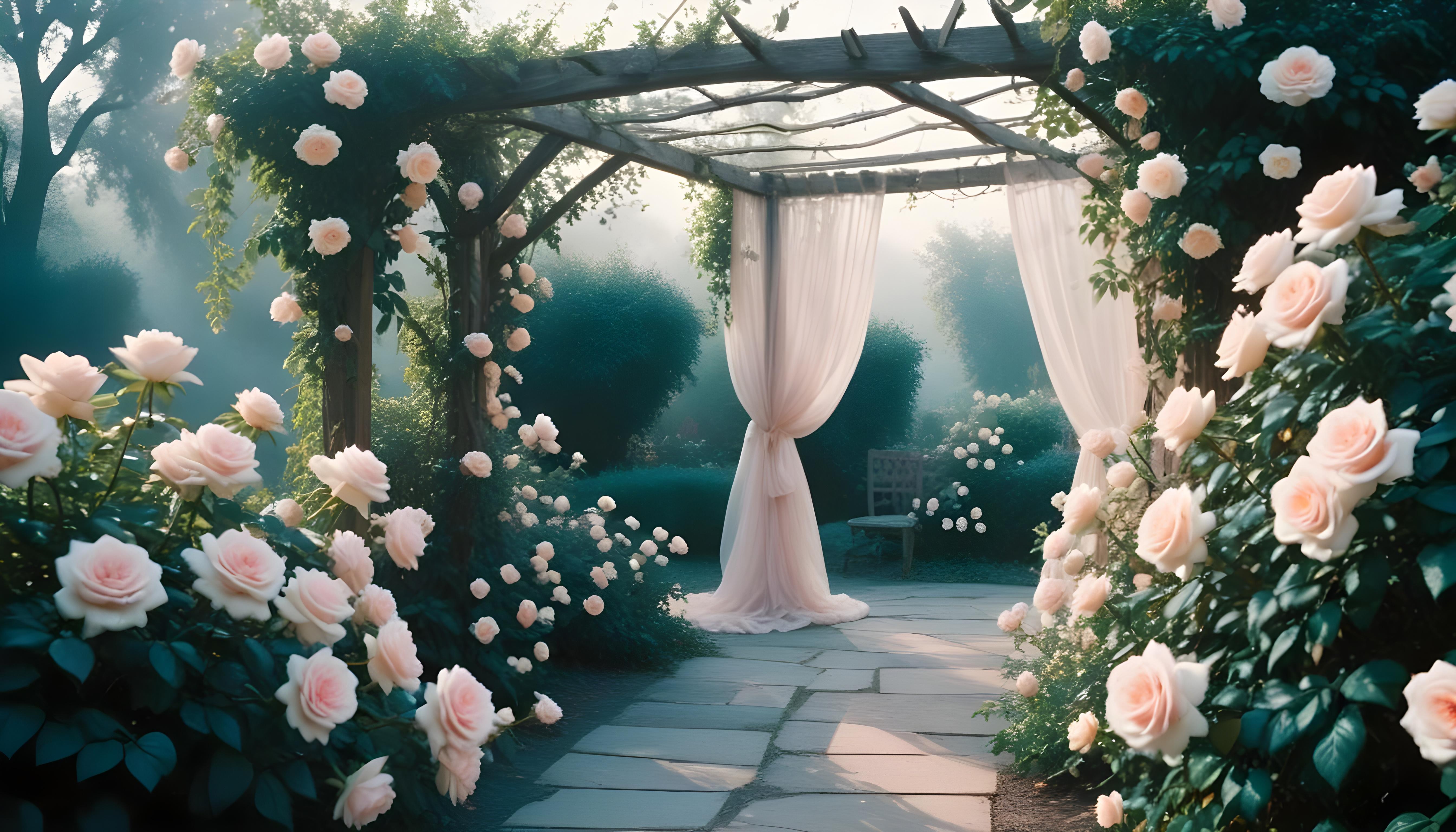 Enchanting Rose Garden Landscape with Blooming Flowers and Magical Moonlit Atmosphere