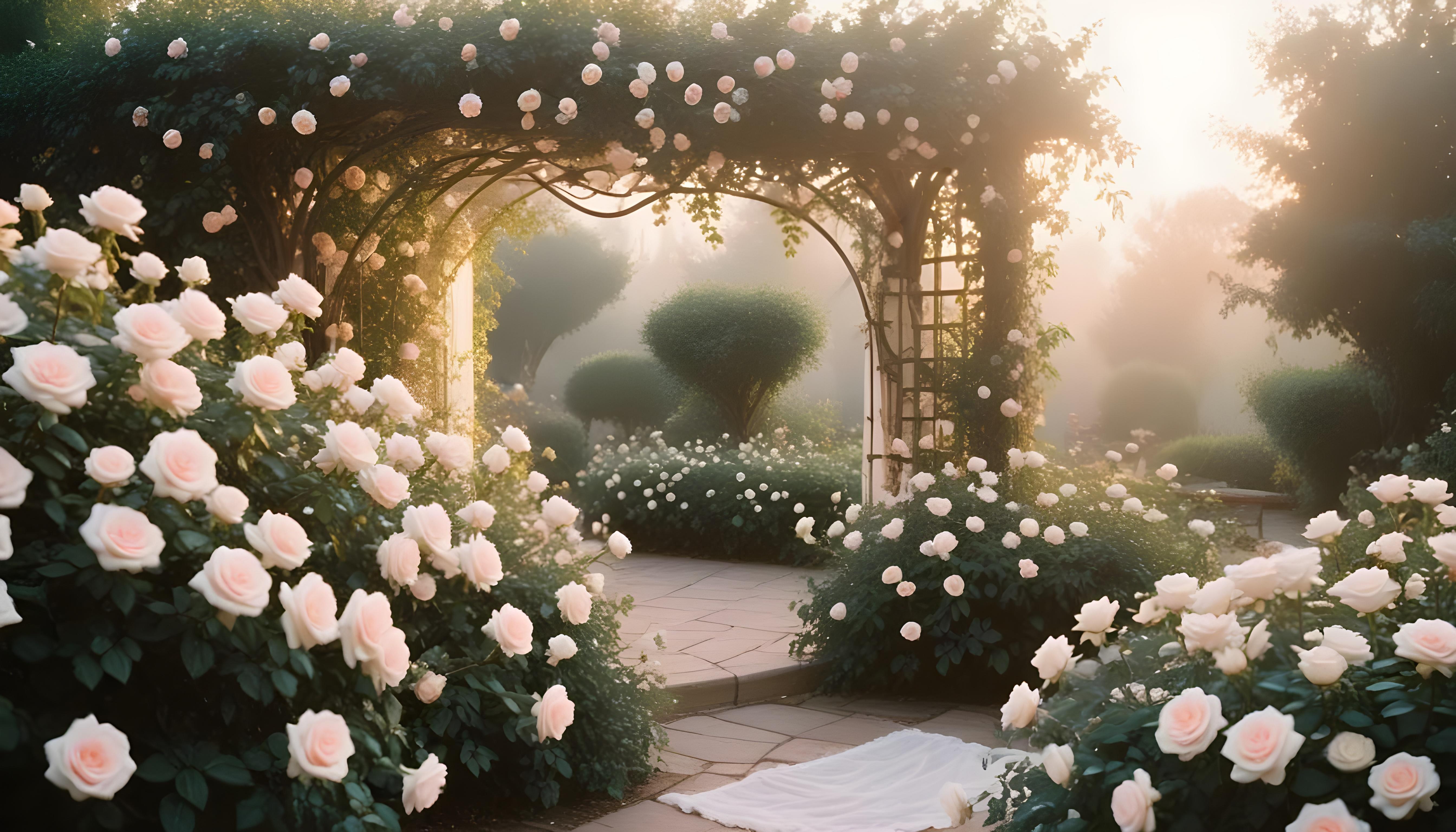 Enchanting Rose Garden Landscape with Blooming Flowers and Magical Moonlit Atmosphere