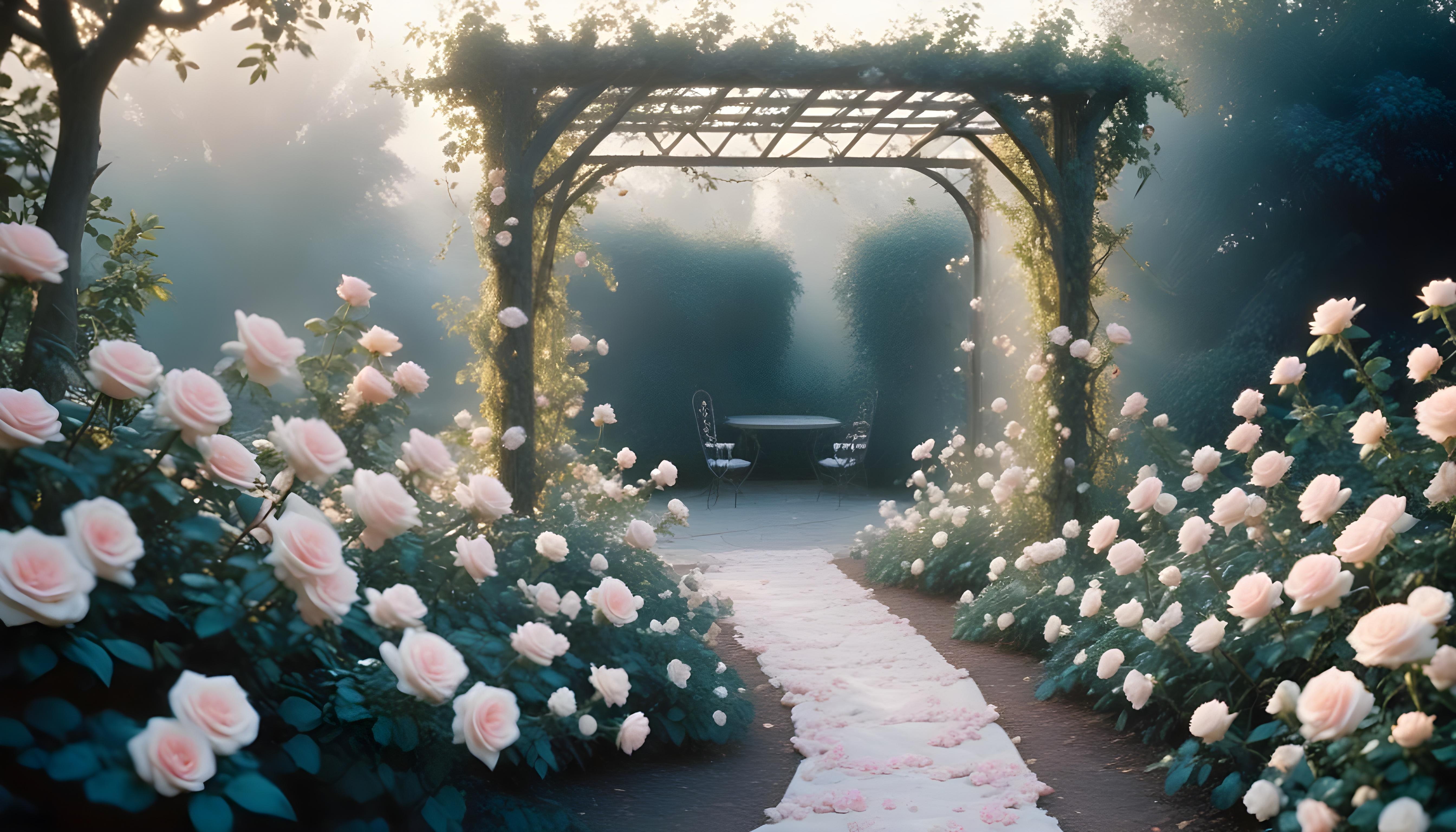 Enchanting Rose Garden Landscape with Blooming Flowers and Magical Moonlit Atmosphere