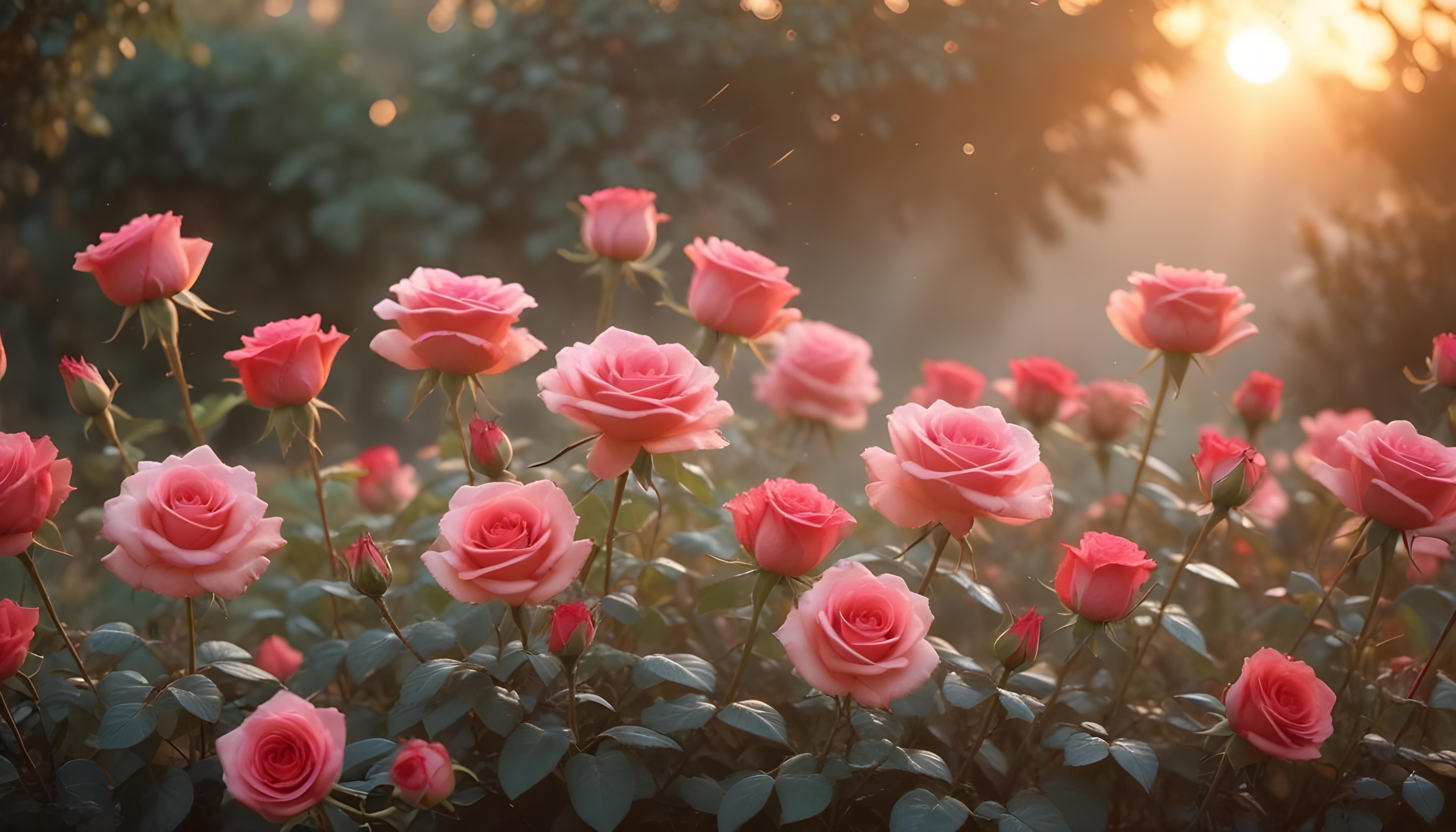 Enchanting Rose Garden Landscape with Blooming Flowers and Magical Moonlit Atmosphere