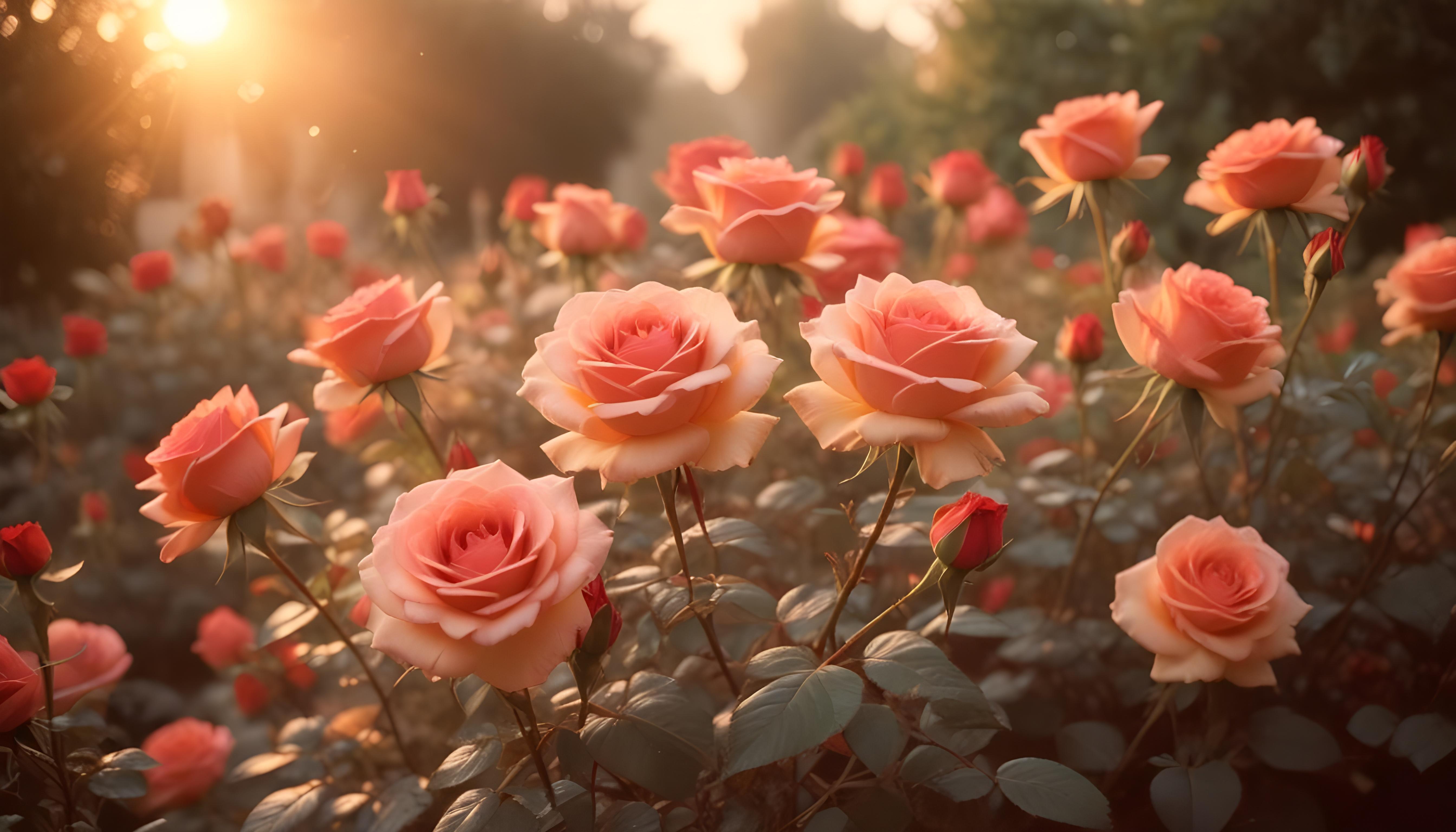 Enchanting Rose Garden Landscape with Blooming Flowers and Magical Moonlit Atmosphere