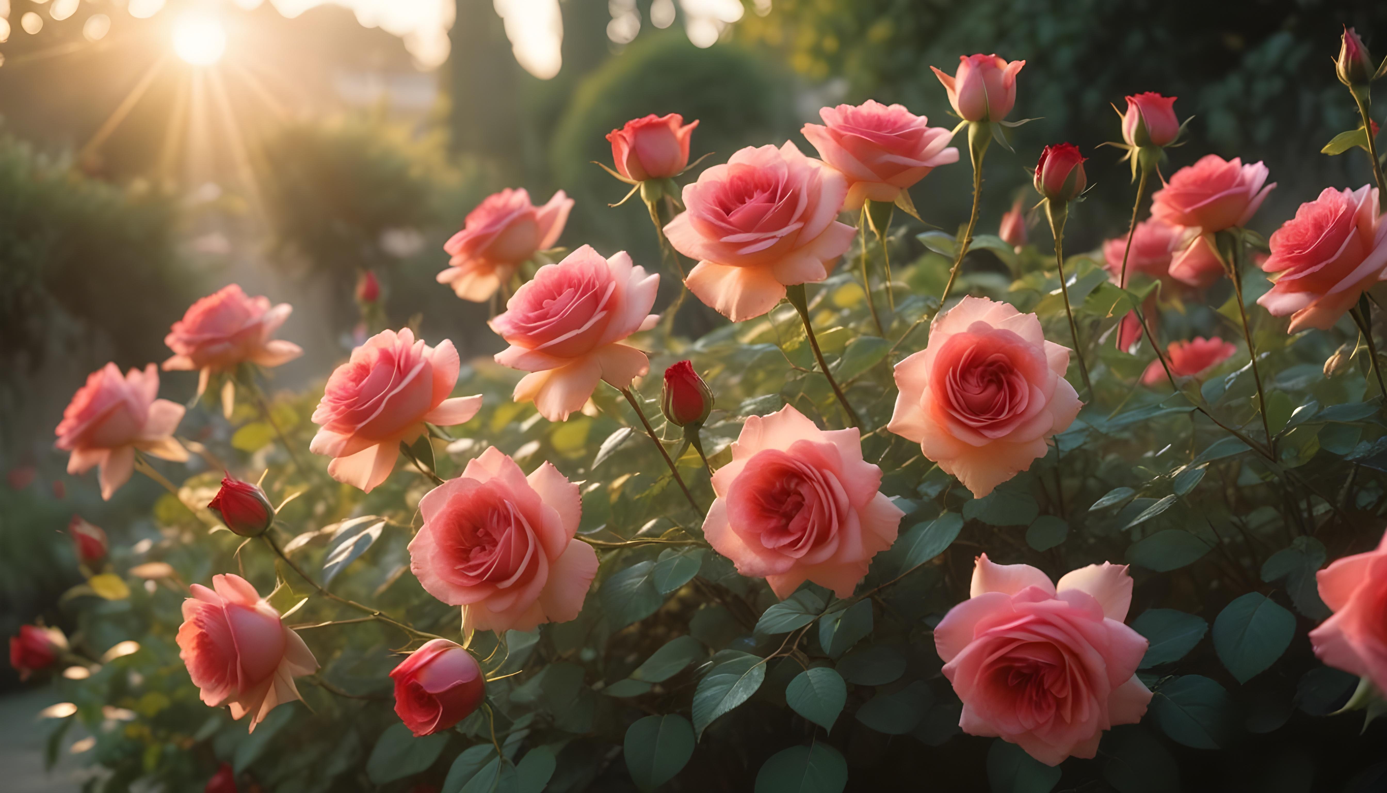 Enchanting Rose Garden Landscape with Blooming Flowers and Magical Moonlit Atmosphere