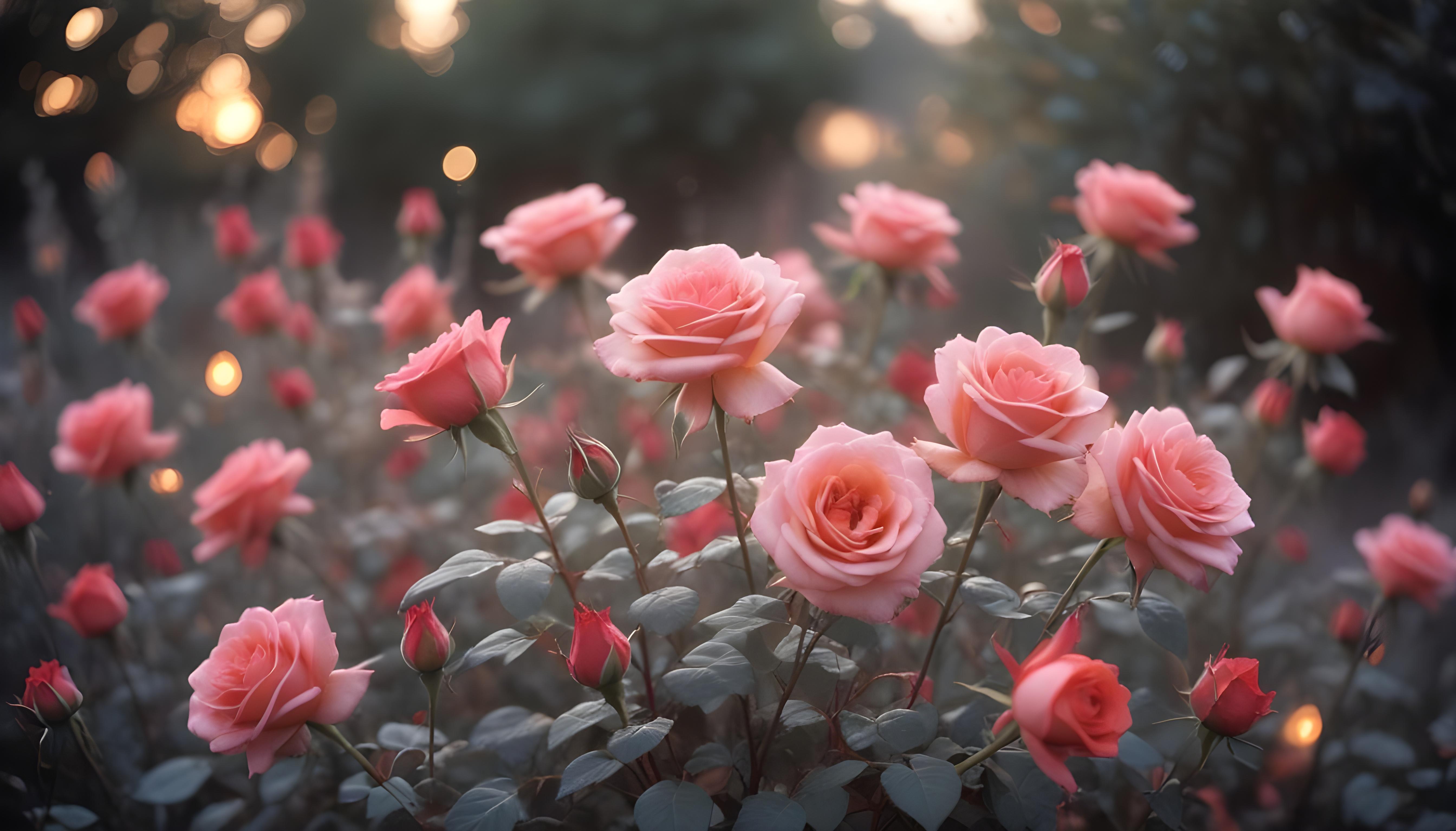 Enchanting Rose Garden Landscape with Blooming Flowers and Magical Moonlit Atmosphere