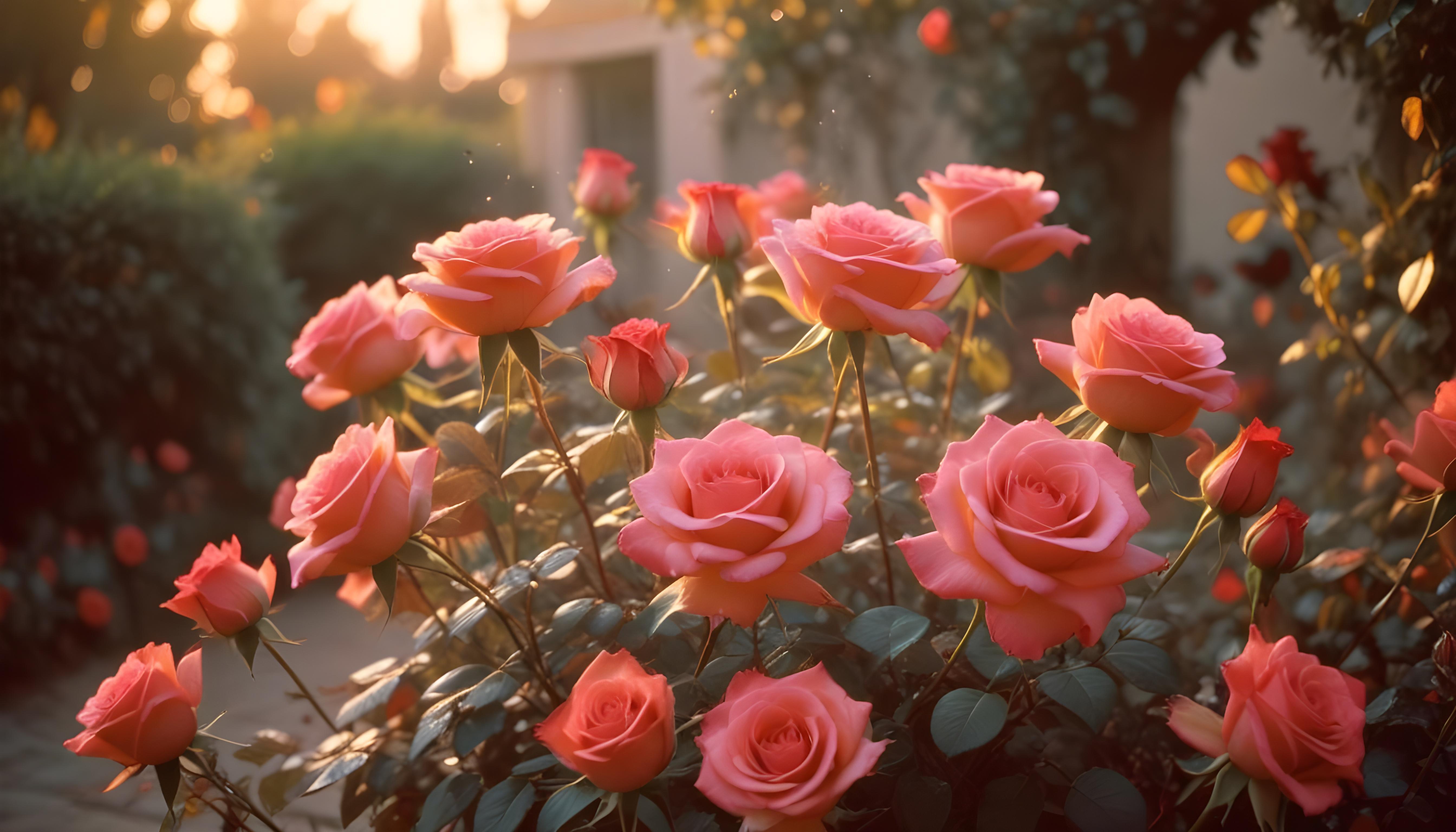 Enchanting Rose Garden Landscape with Blooming Flowers and Magical Moonlit Atmosphere