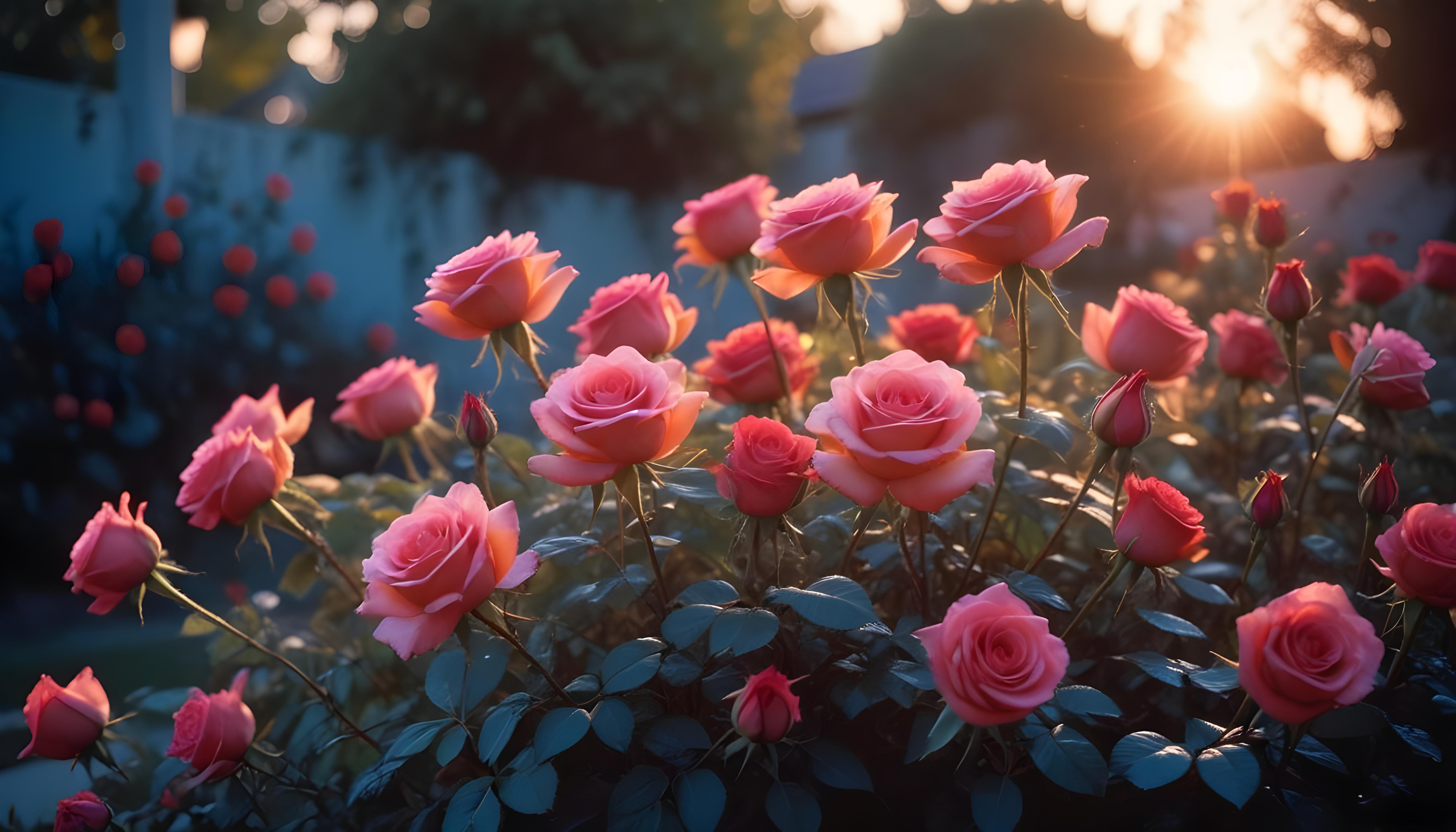 Enchanting Rose Garden Landscape with Blooming Flowers and Magical Moonlit Atmosphere