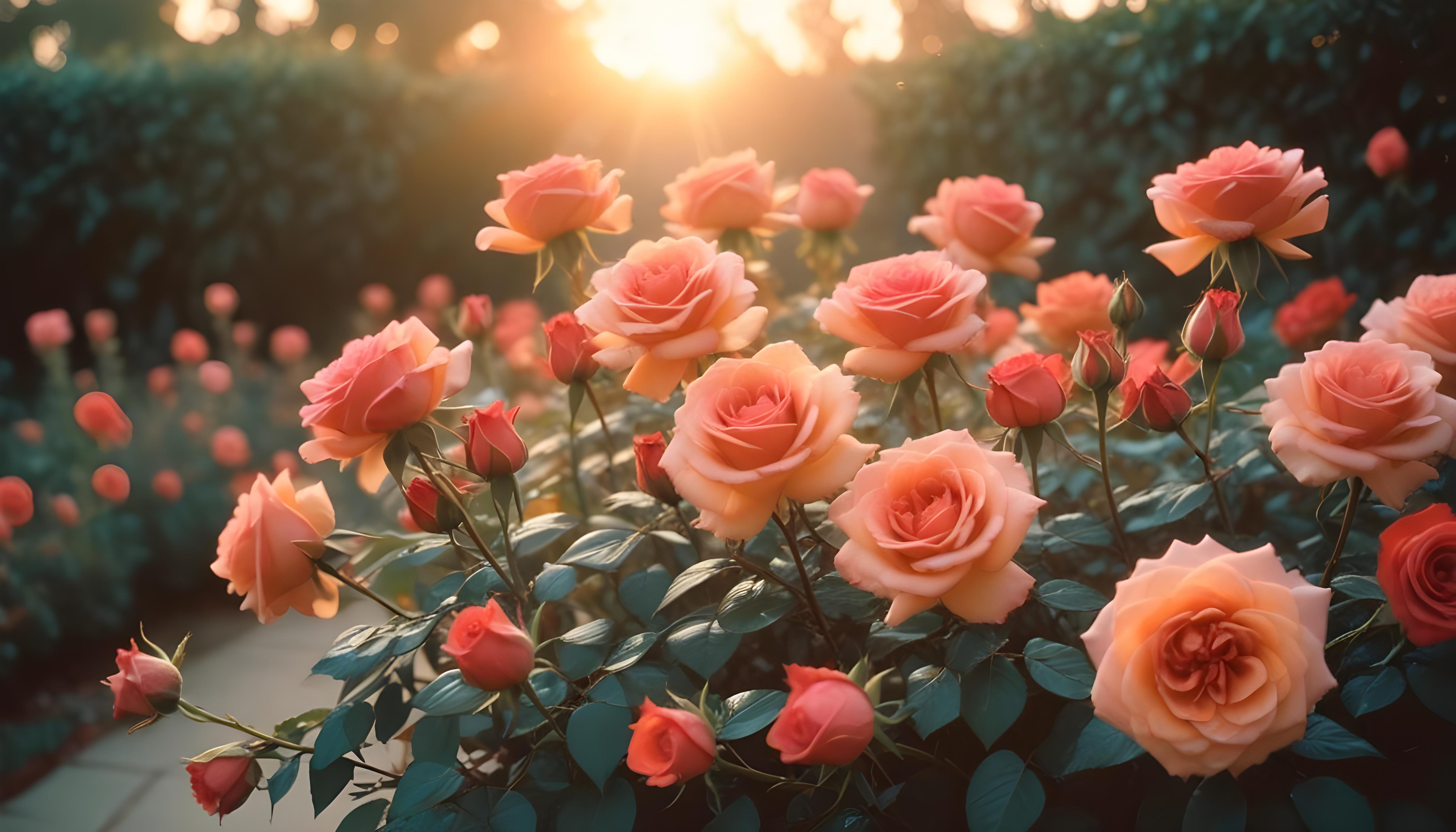 Enchanting Rose Garden Landscape with Blooming Flowers and Magical Moonlit Atmosphere