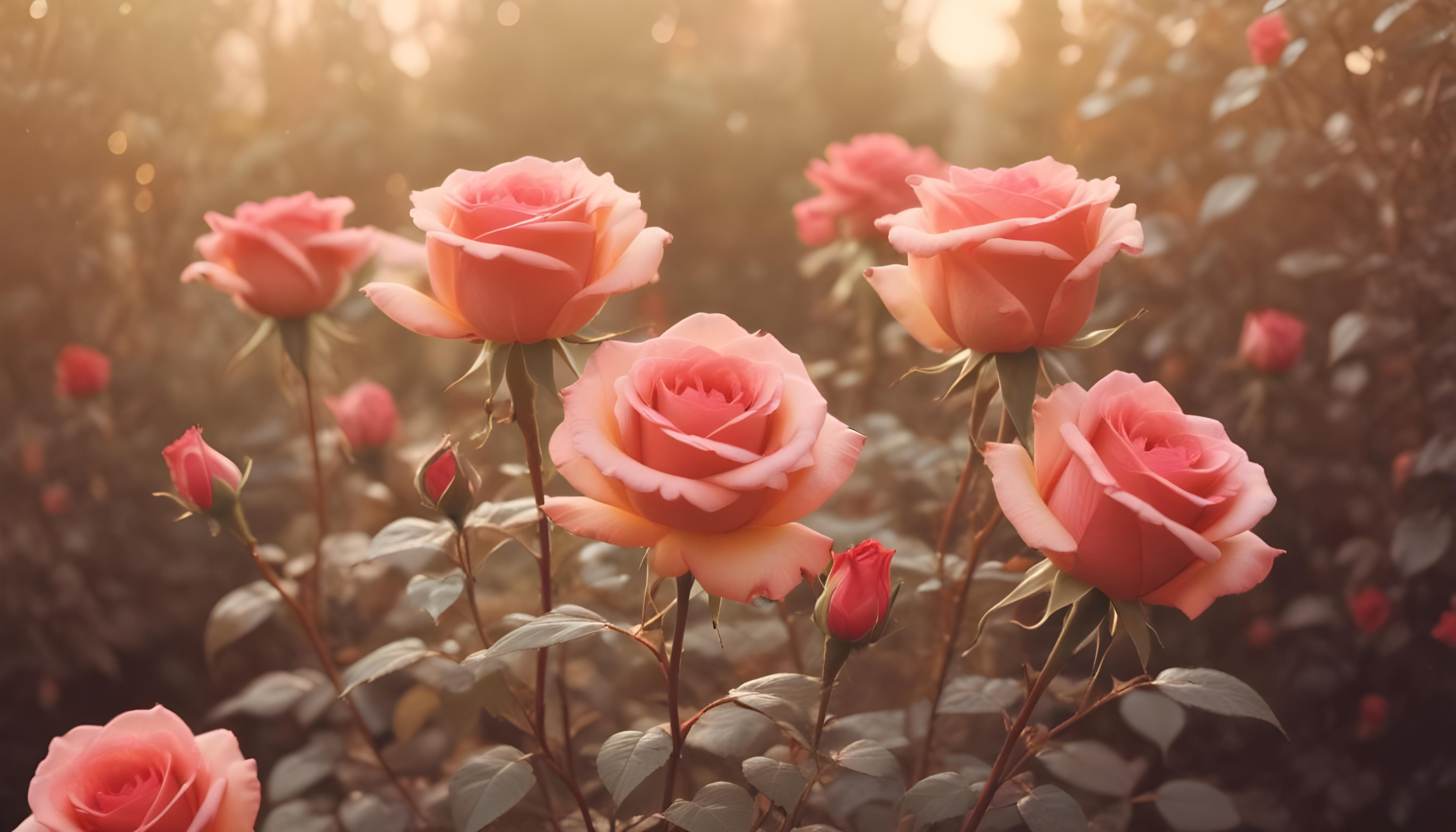 Enchanting Rose Garden Landscape with Blooming Flowers and Magical Moonlit Atmosphere
