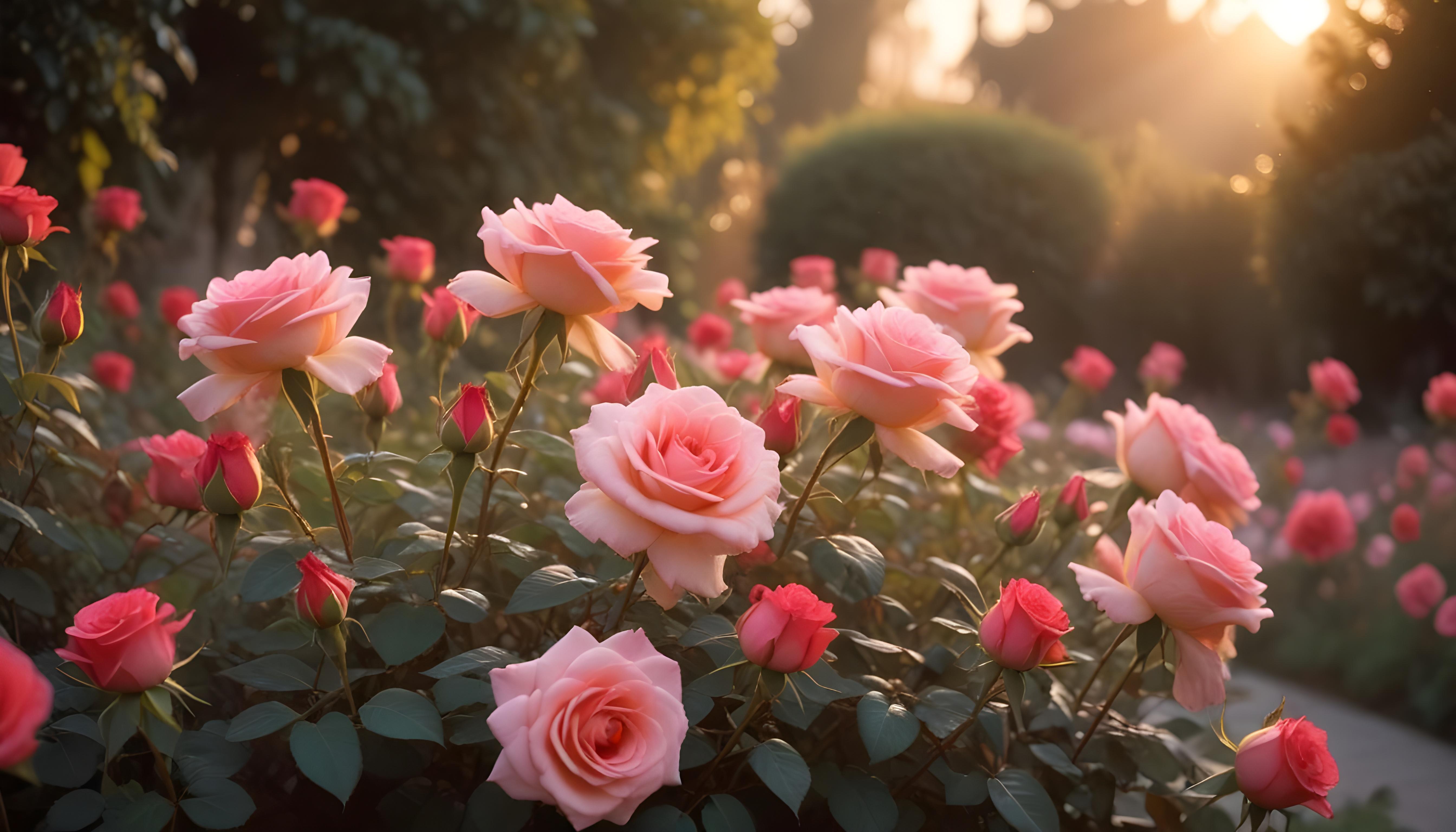 Enchanting Rose Garden Landscape with Blooming Flowers and Magical Moonlit Atmosphere
