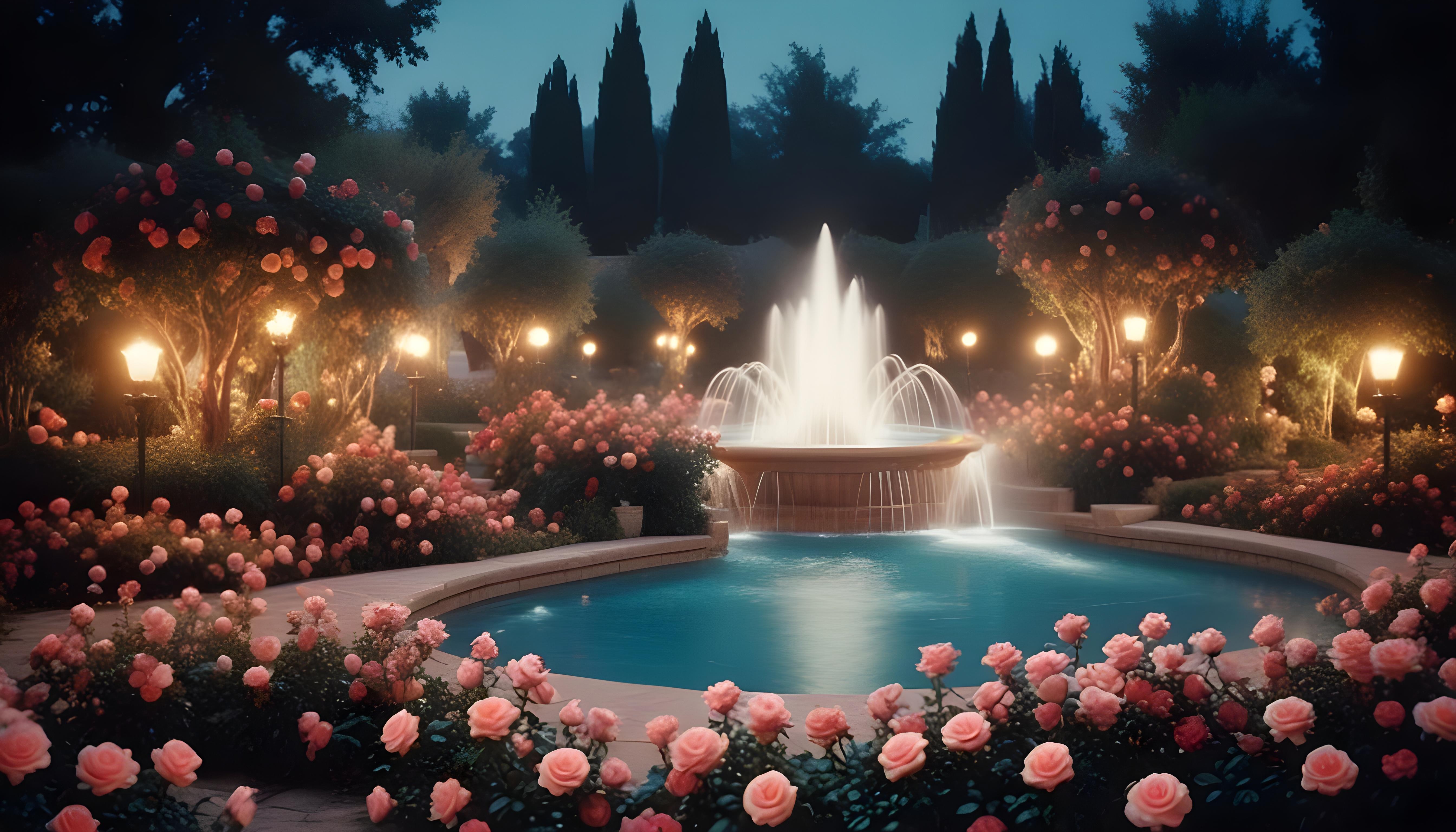 Enchanting Rose Garden Landscape with Blooming Flowers and Magical Moonlit Atmosphere