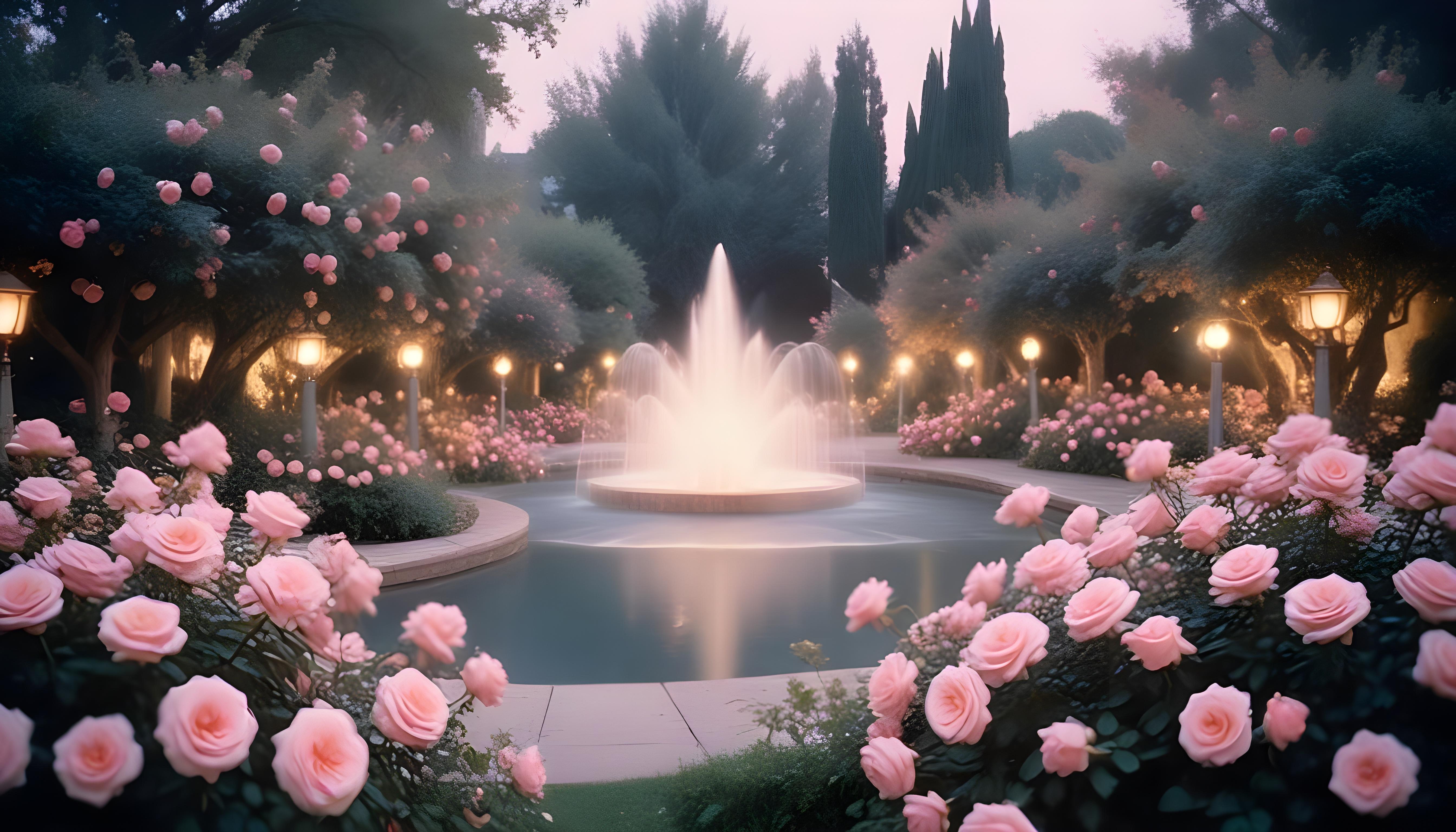Enchanting Rose Garden Landscape with Blooming Flowers and Magical Moonlit Atmosphere