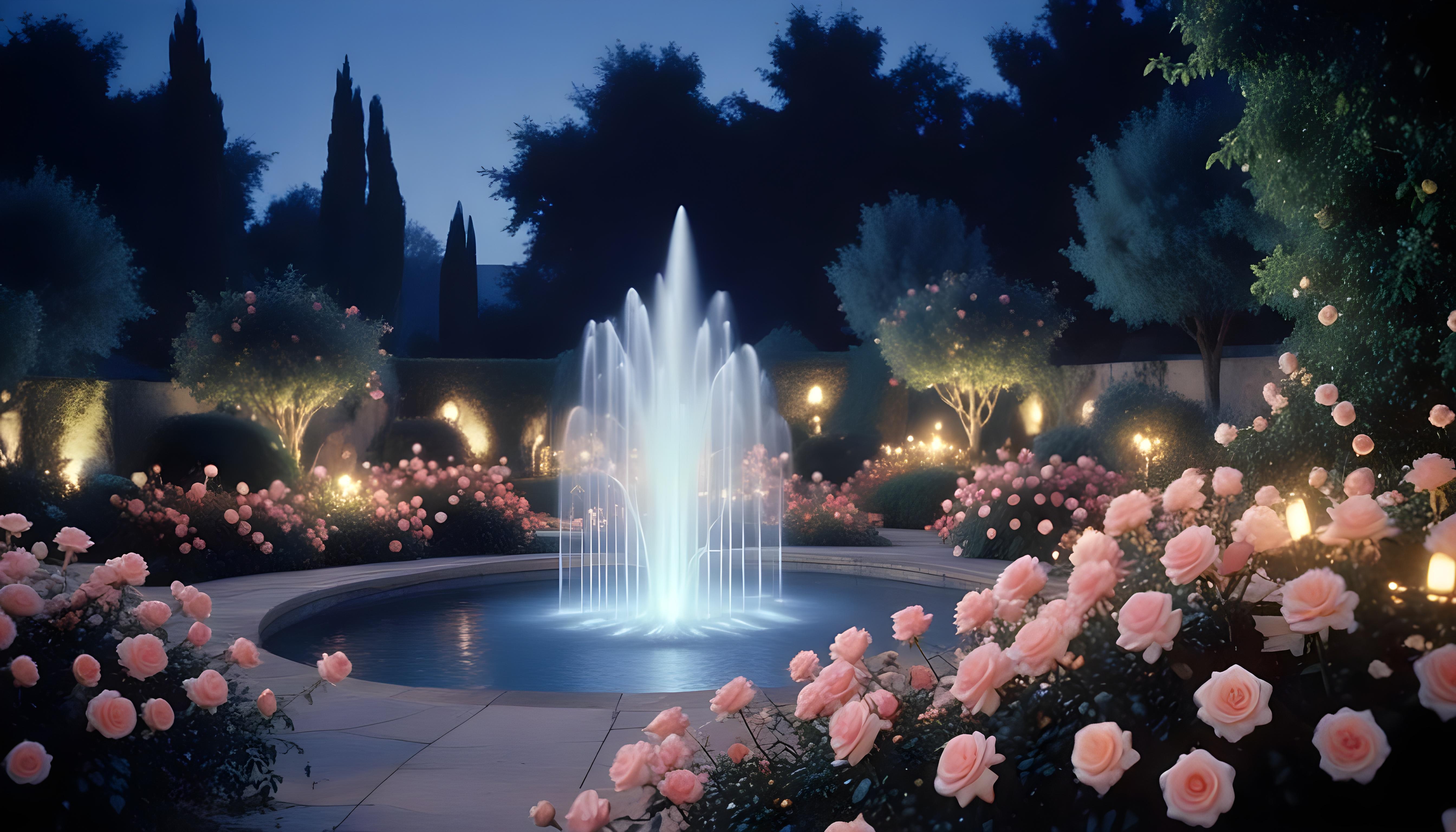 Enchanting Rose Garden Landscape with Blooming Flowers and Magical Moonlit Atmosphere