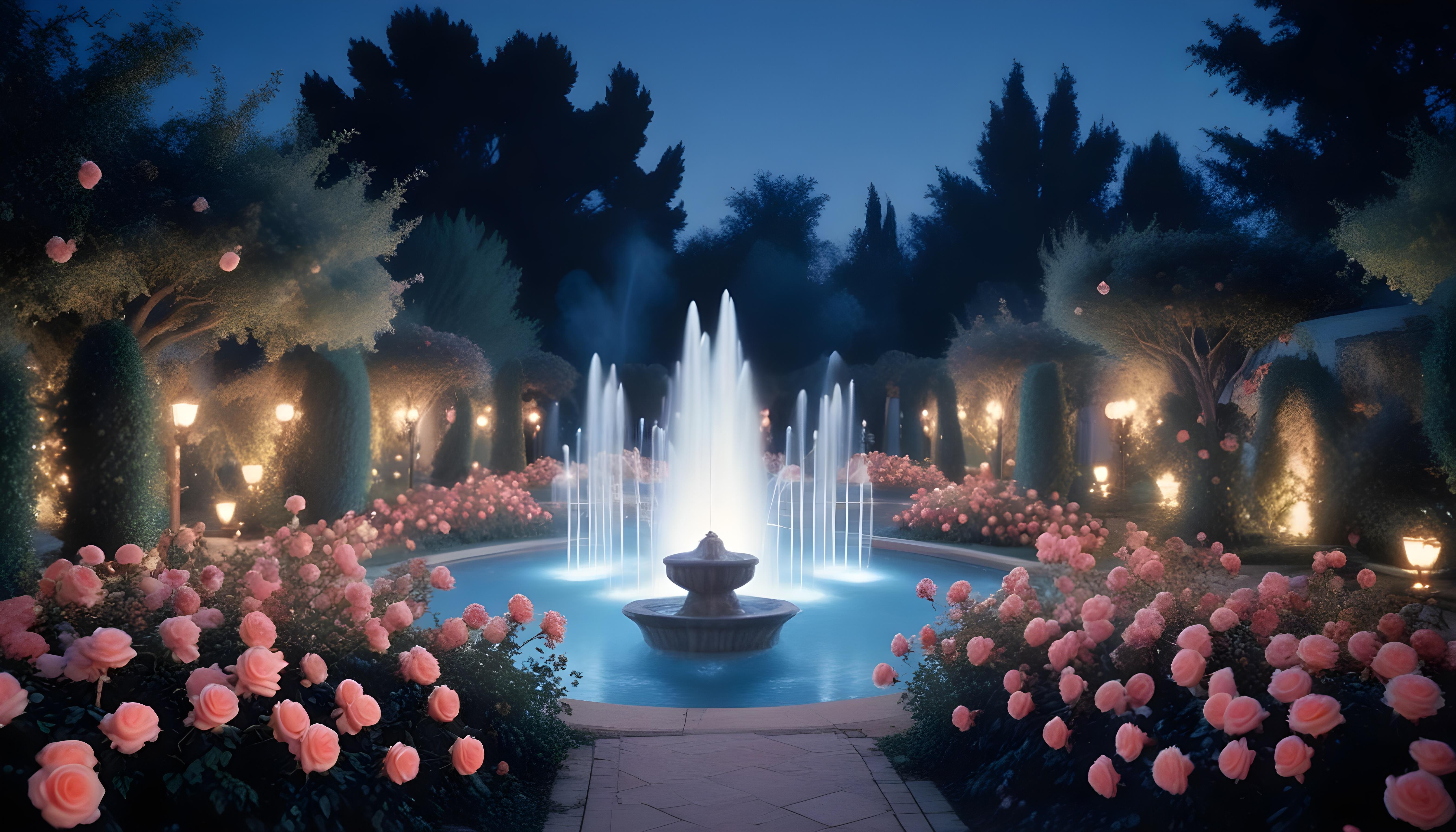 Enchanting Rose Garden Landscape with Blooming Flowers and Magical Moonlit Atmosphere