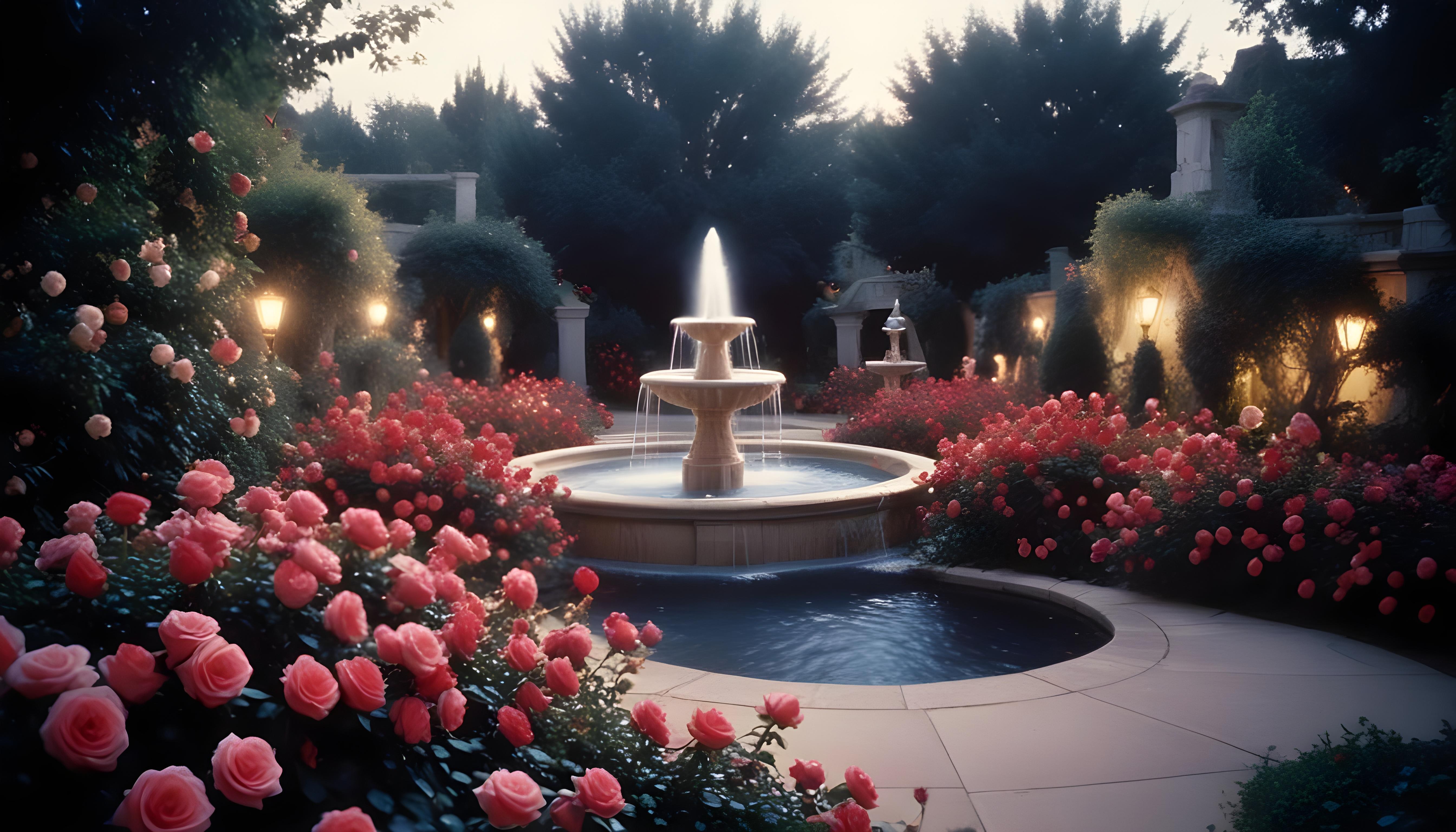 Enchanting Rose Garden Landscape with Blooming Flowers and Magical Moonlit Atmosphere