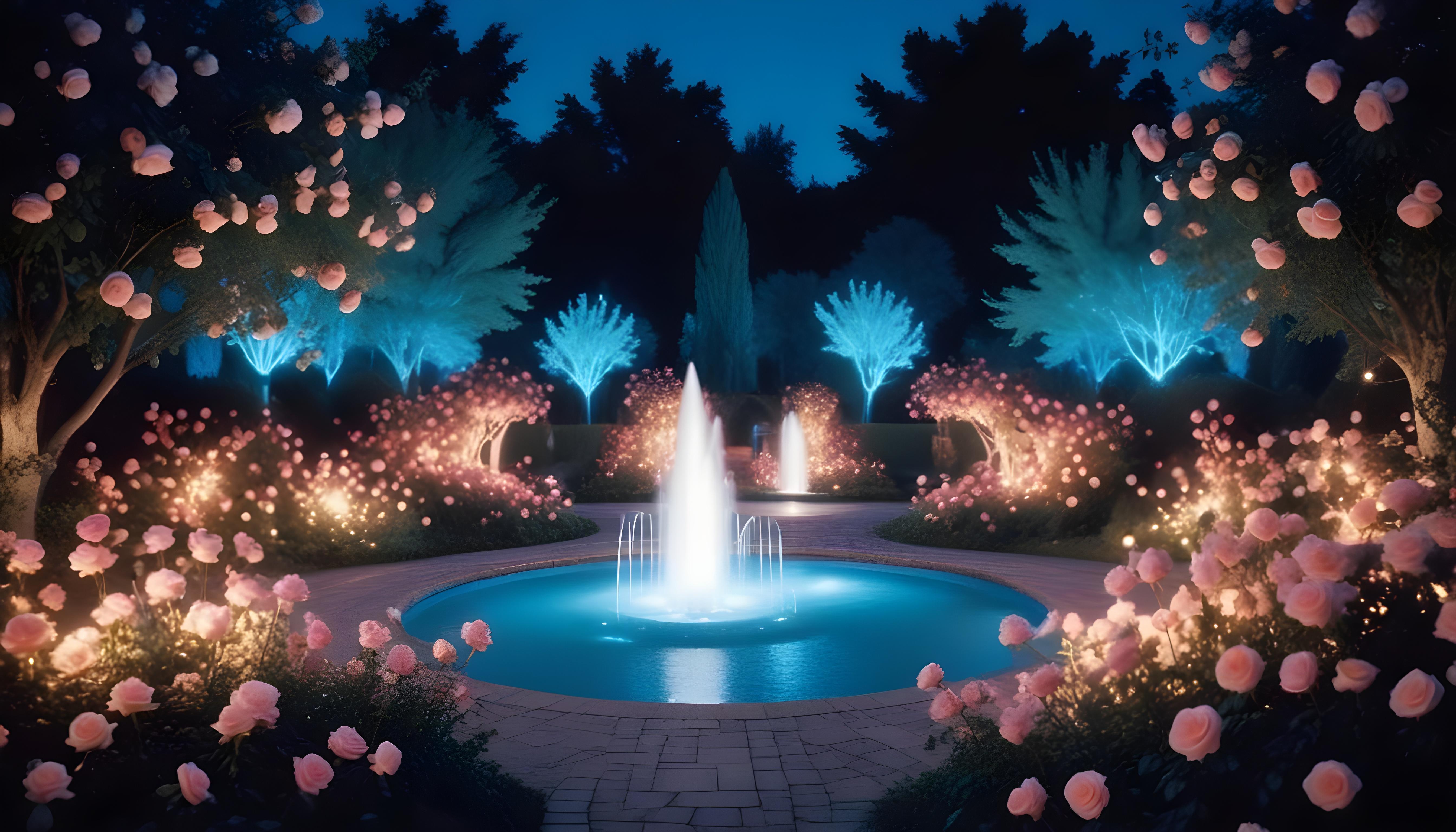 Enchanting Rose Garden Landscape with Blooming Flowers and Magical Moonlit Atmosphere