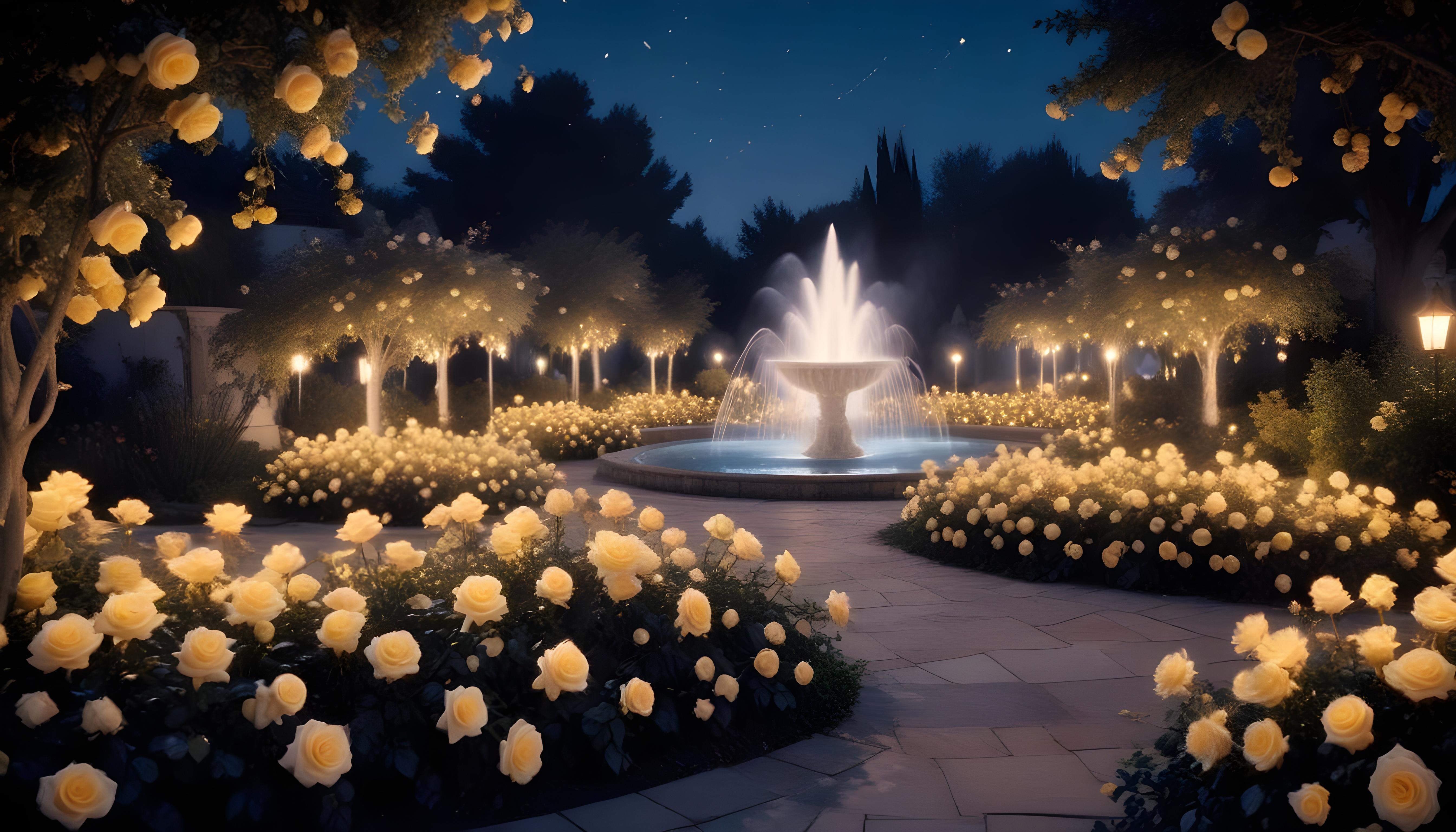 Enchanting Rose Garden Landscape with Blooming Flowers and Magical Moonlit Atmosphere