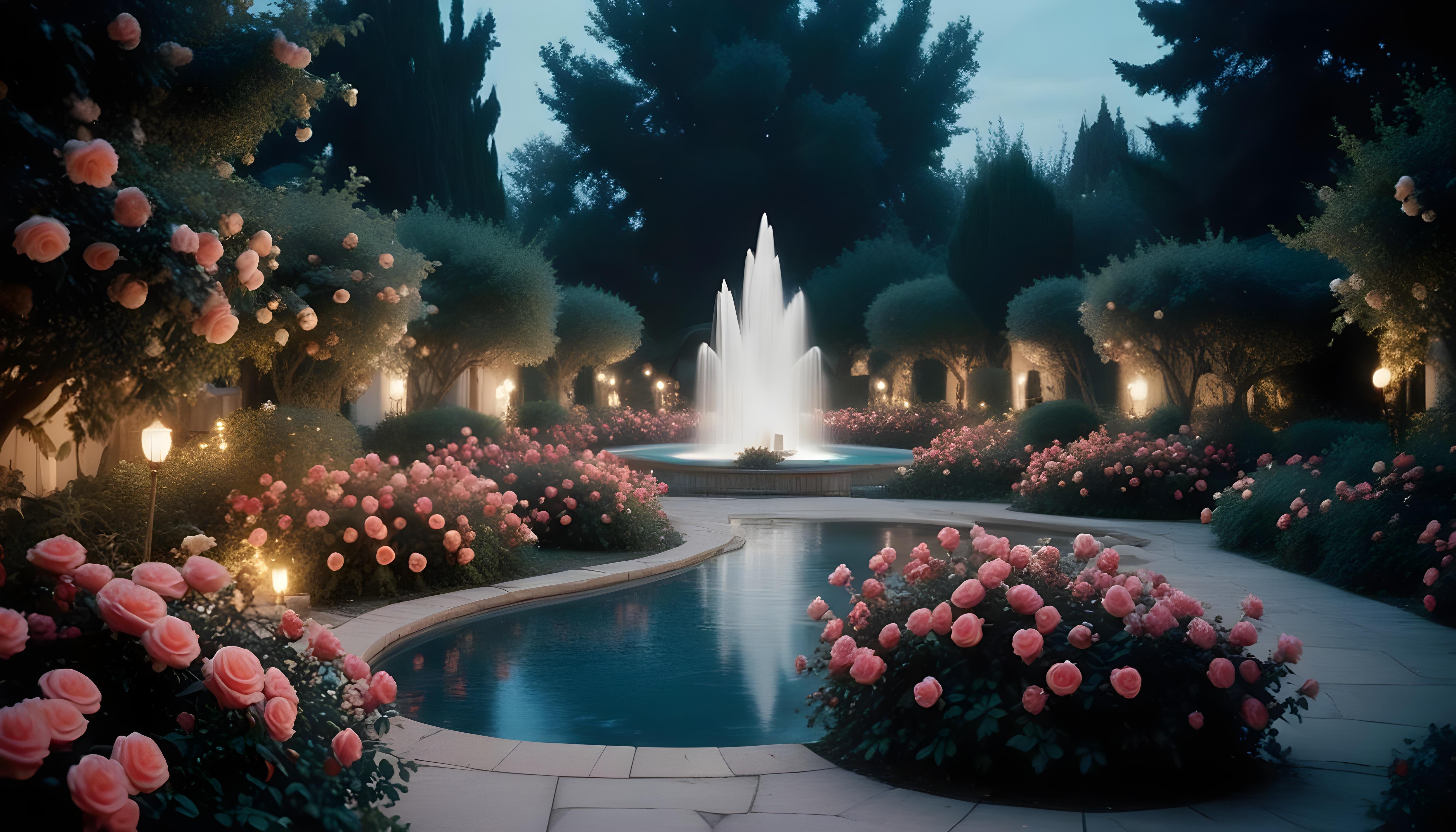 Enchanting Rose Garden Landscape with Blooming Flowers and Magical Moonlit Atmosphere