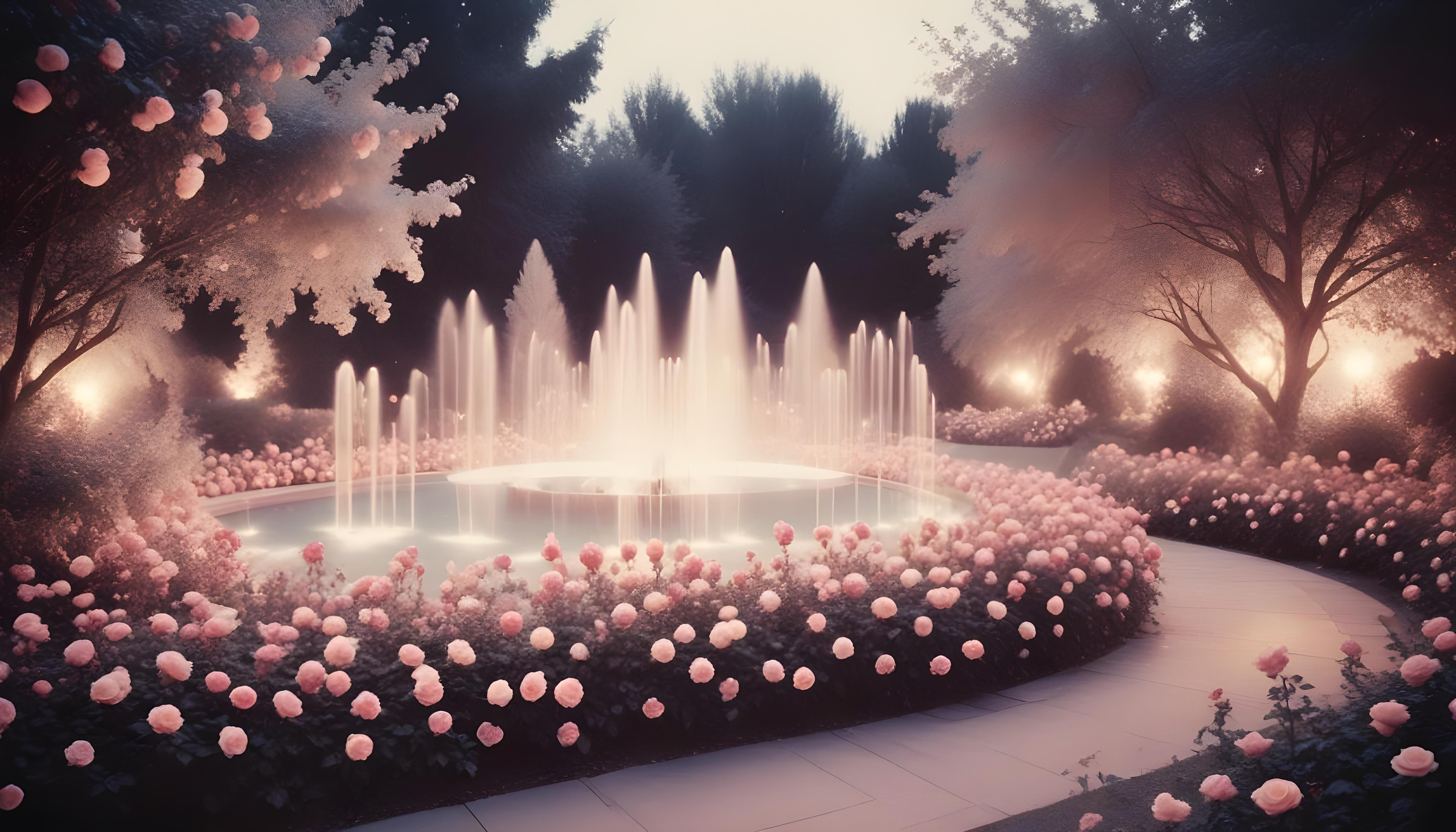 Enchanting Rose Garden Landscape with Blooming Flowers and Magical Moonlit Atmosphere