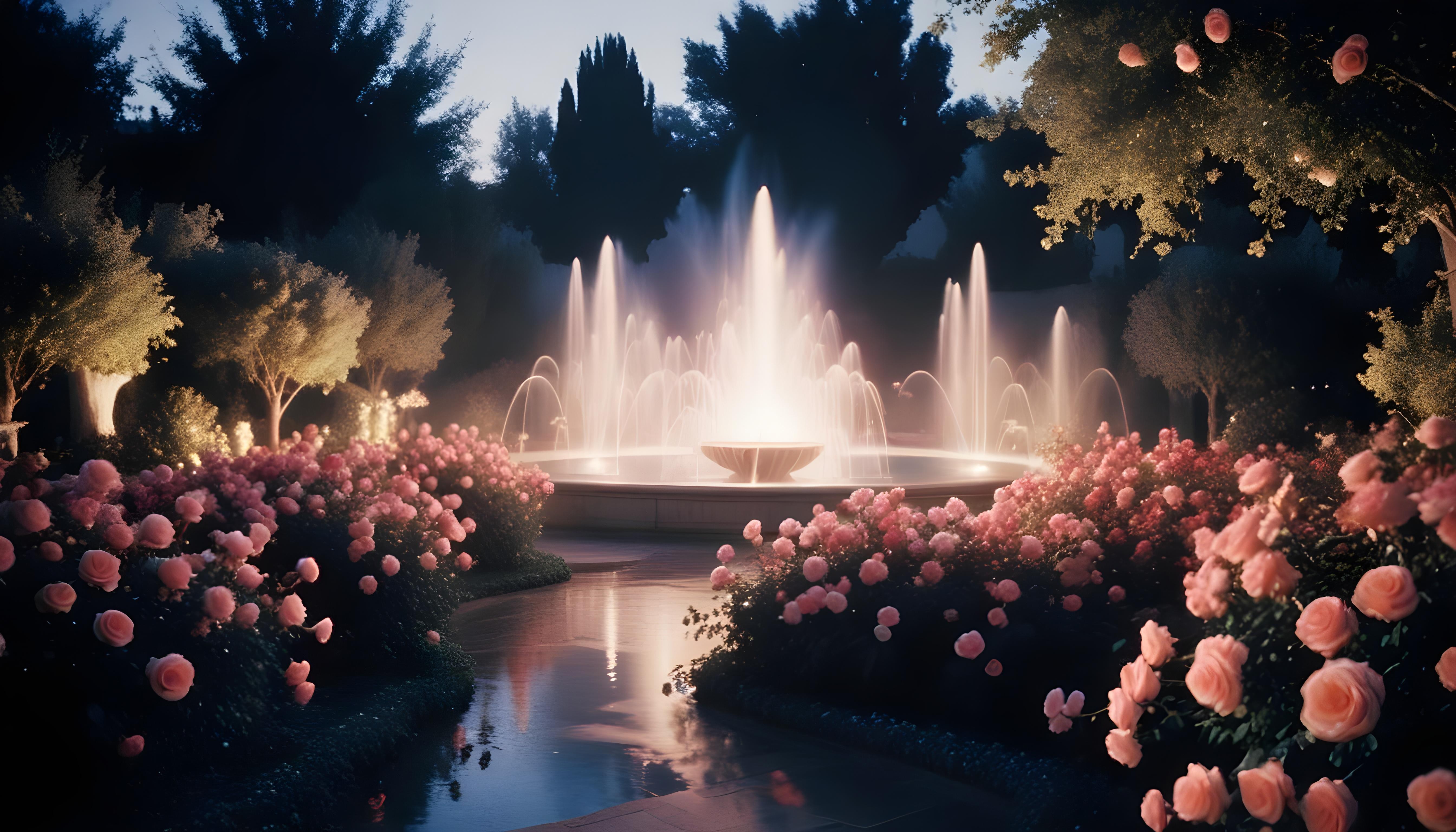 Enchanting Rose Garden Landscape with Blooming Flowers and Magical Moonlit Atmosphere