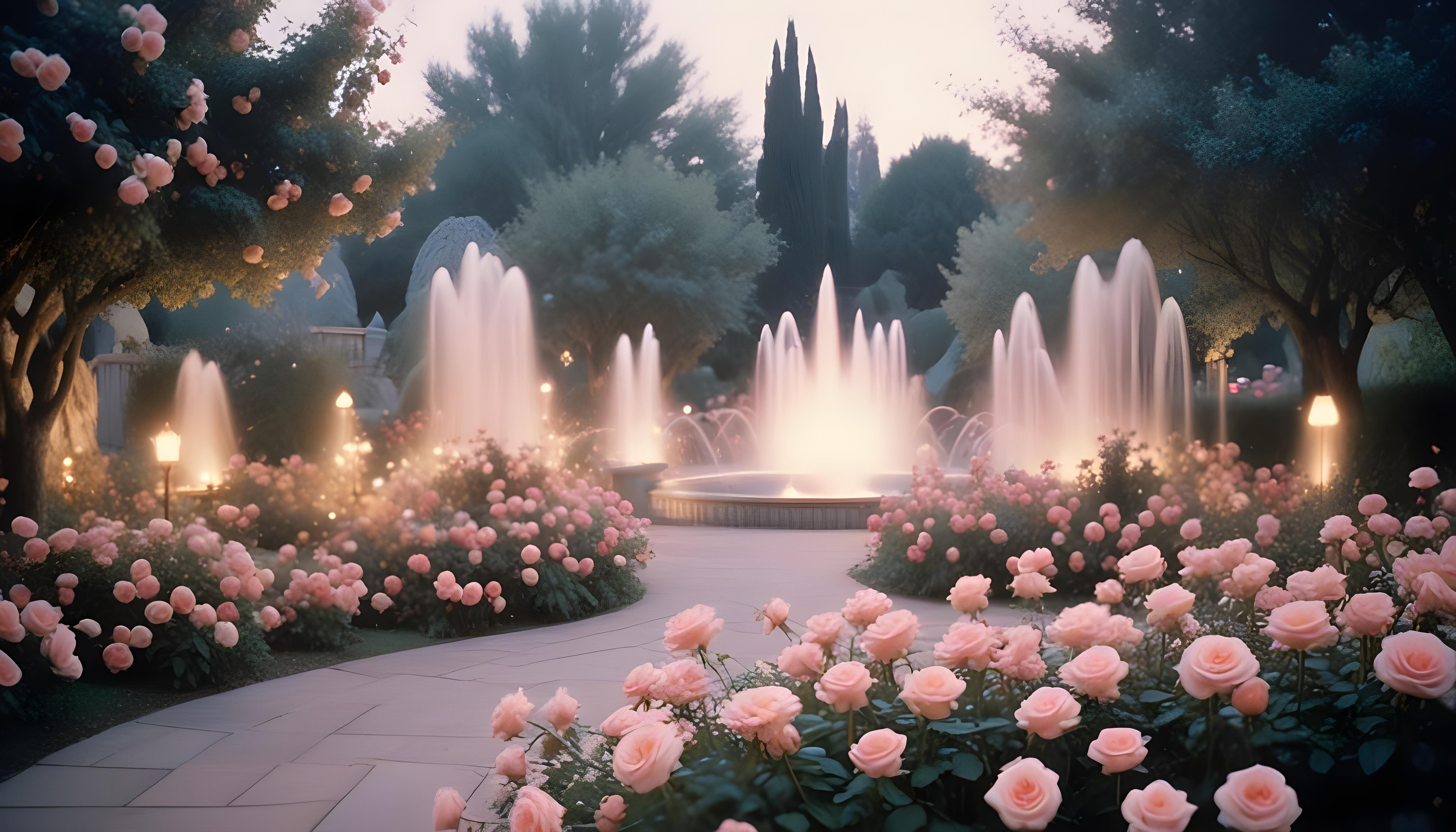 Enchanting Rose Garden Landscape with Blooming Flowers and Magical Moonlit Atmosphere