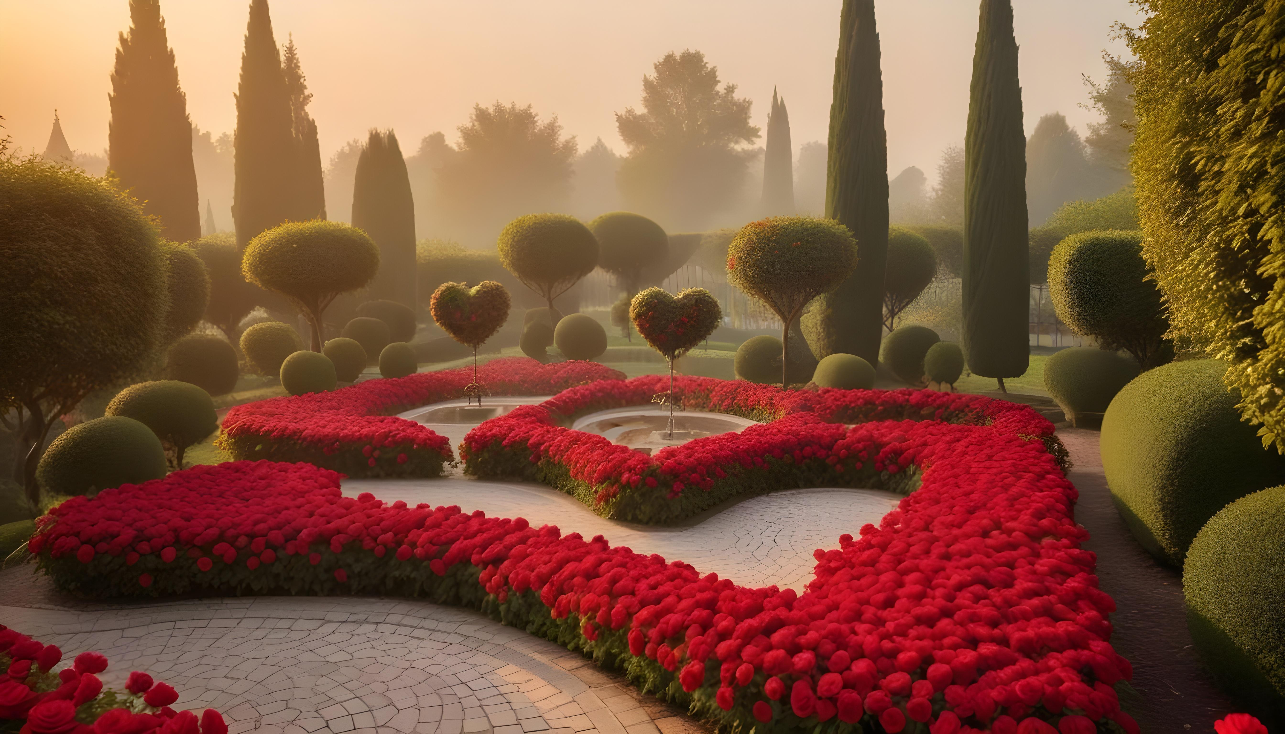 Enchanting Rose Garden Landscape with Blooming Flowers and Magical Moonlit Atmosphere