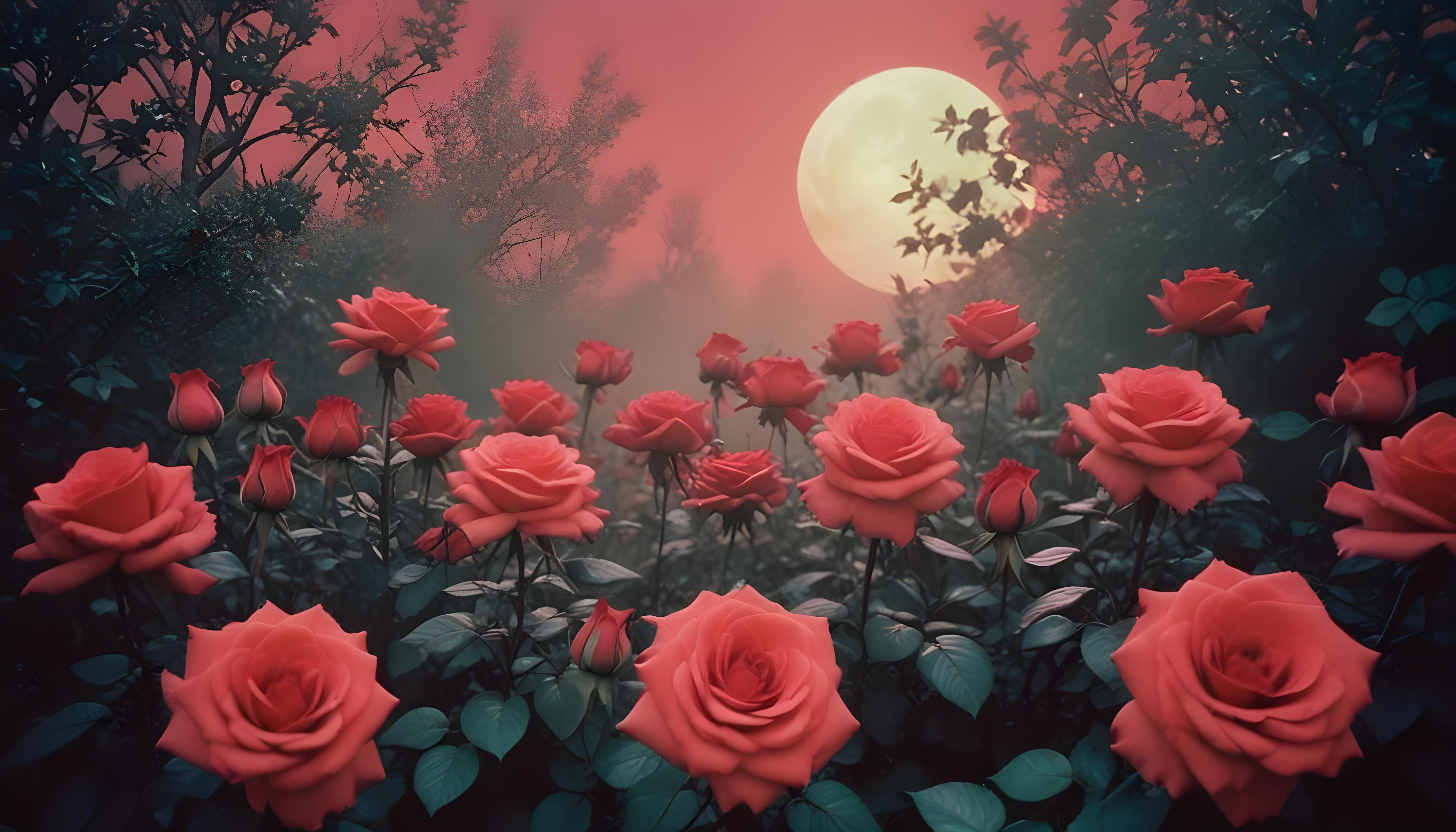 Enchanting Rose Garden Landscape with Blooming Flowers and Magical Moonlit Atmosphere