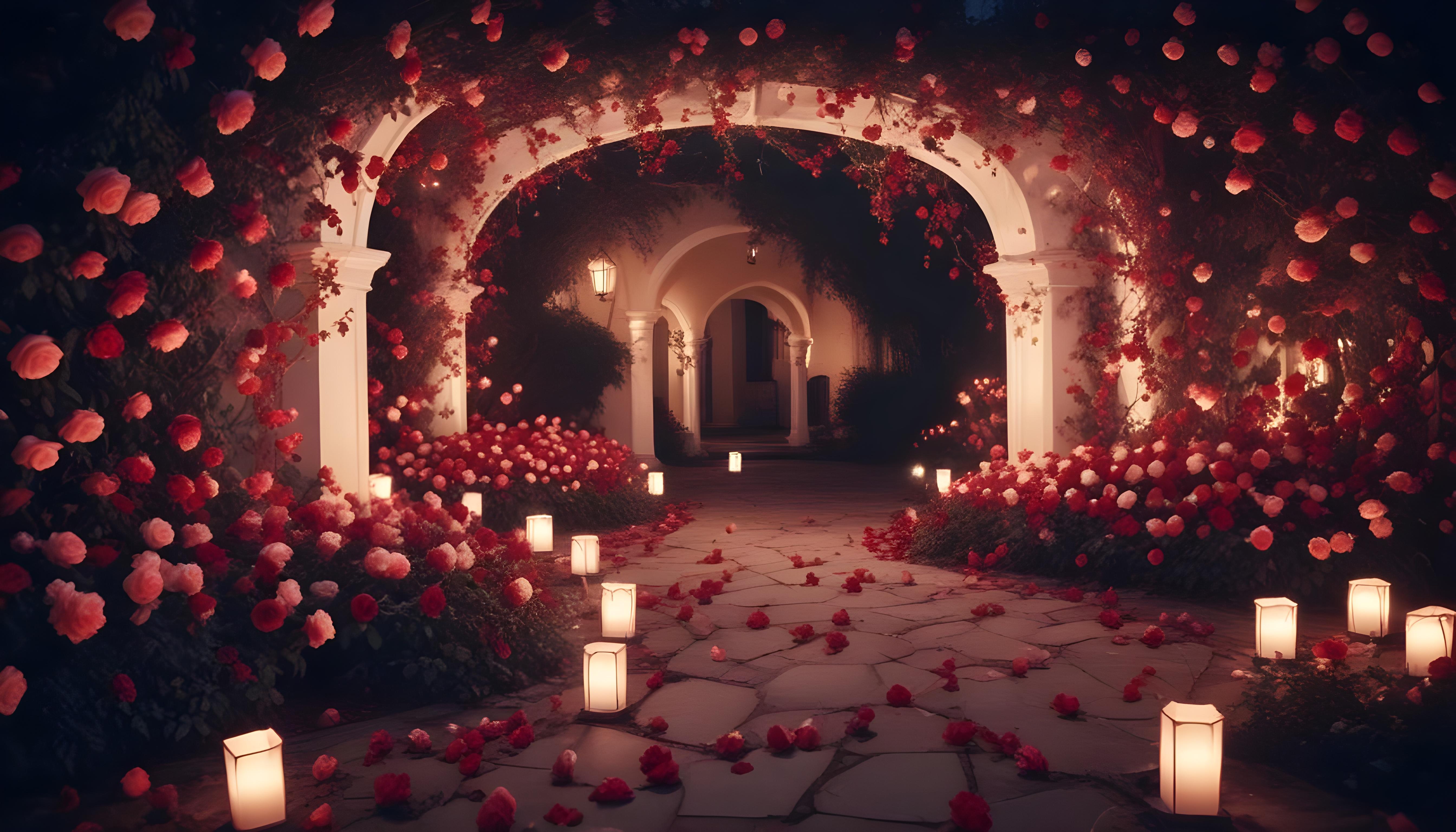 Enchanting Rose Garden Landscape with Blooming Flowers and Magical Moonlit Atmosphere