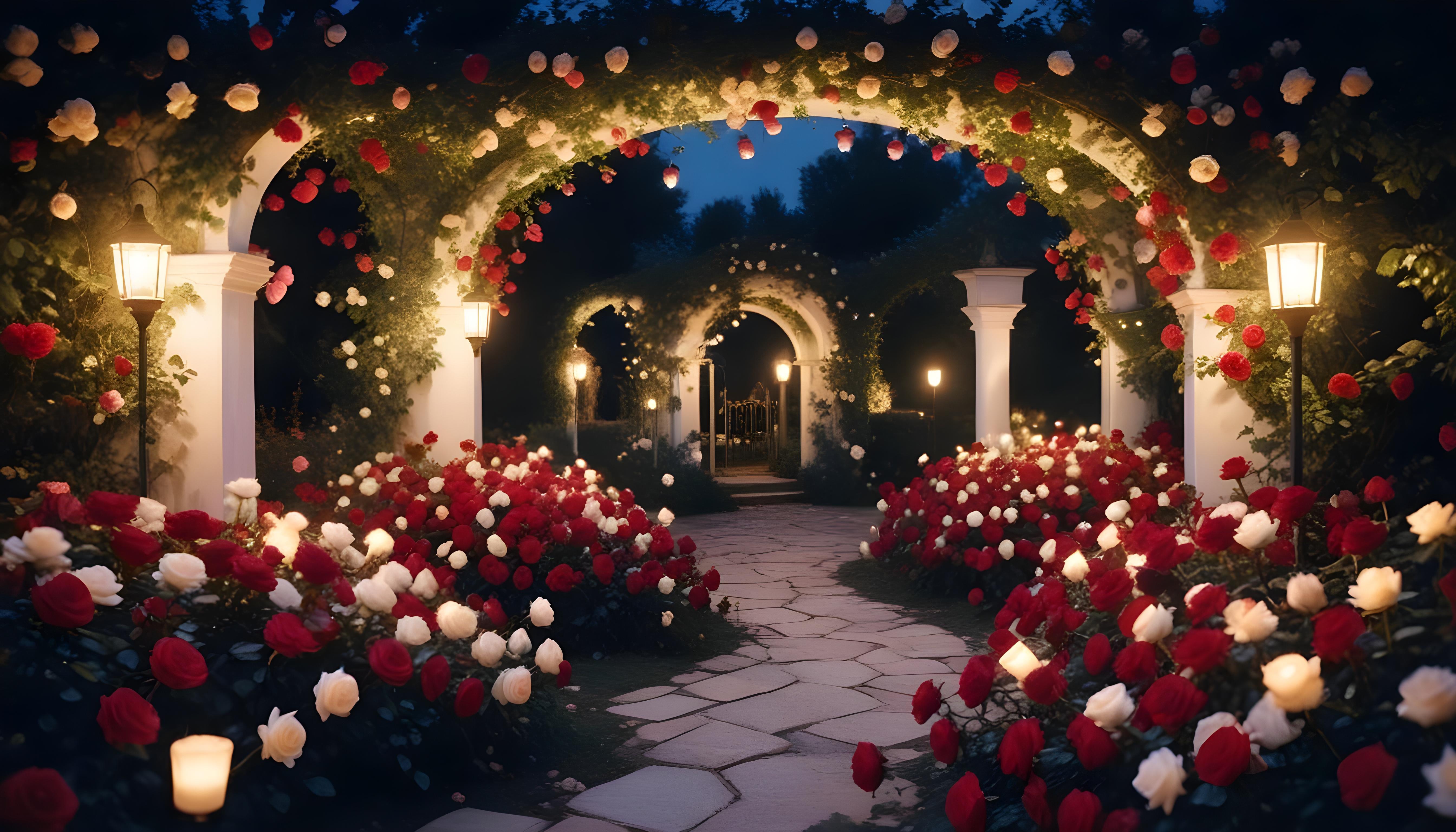 Enchanting Rose Garden Landscape with Blooming Flowers and Magical Moonlit Atmosphere
