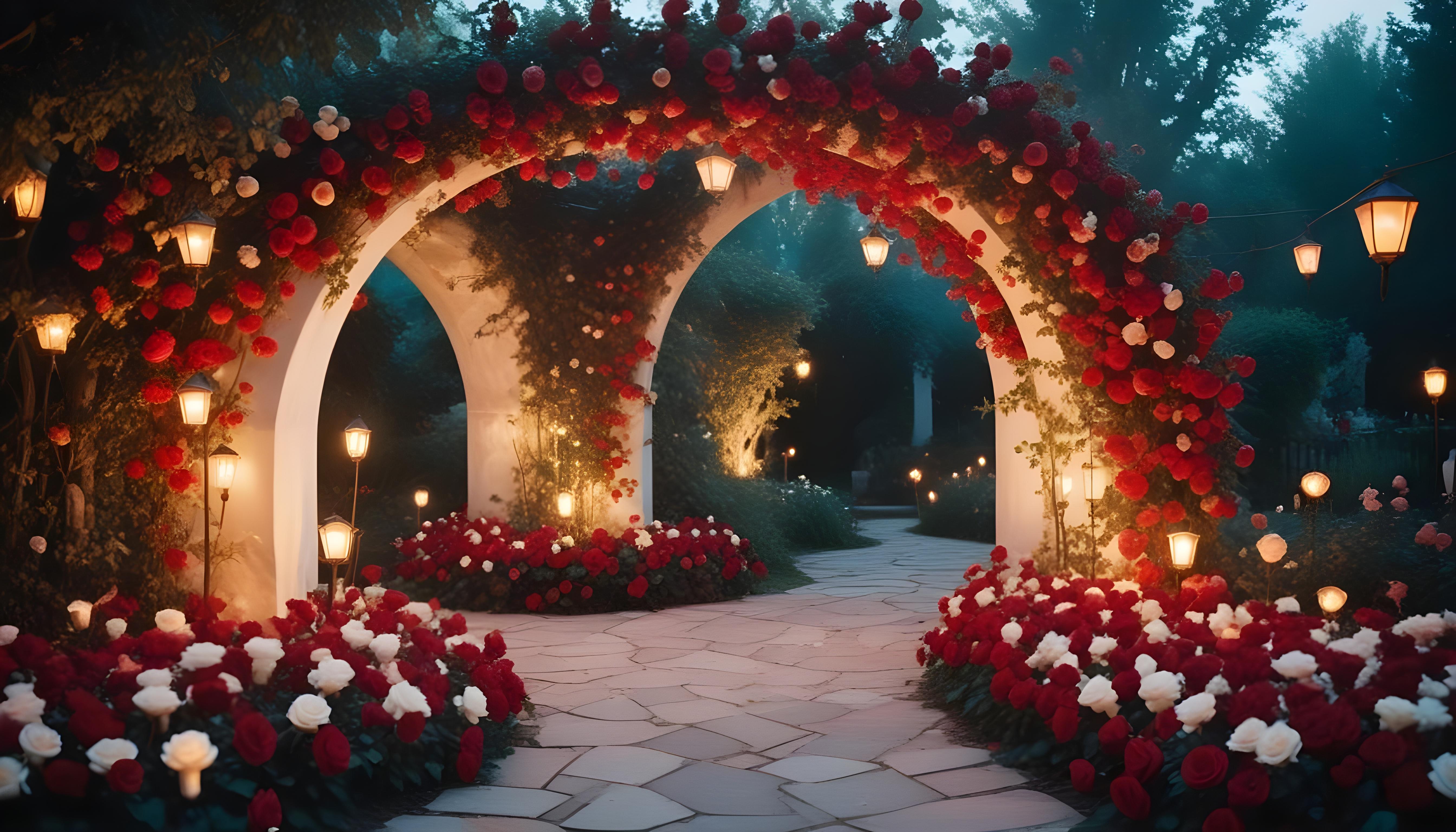 Enchanting Rose Garden Landscape with Blooming Flowers and Magical Moonlit Atmosphere