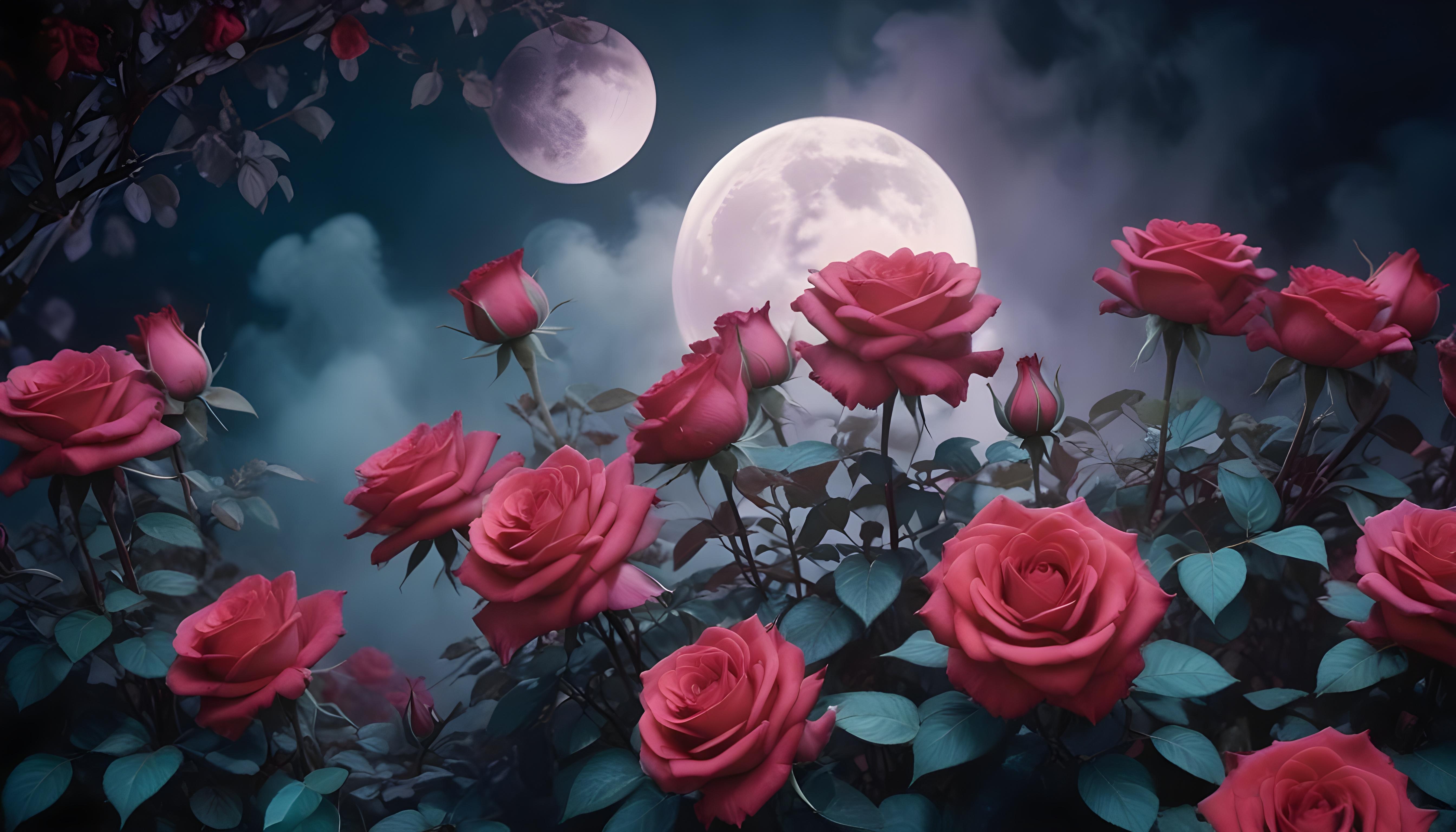 Enchanting Rose Garden Landscape with Blooming Flowers and Magical Moonlit Atmosphere