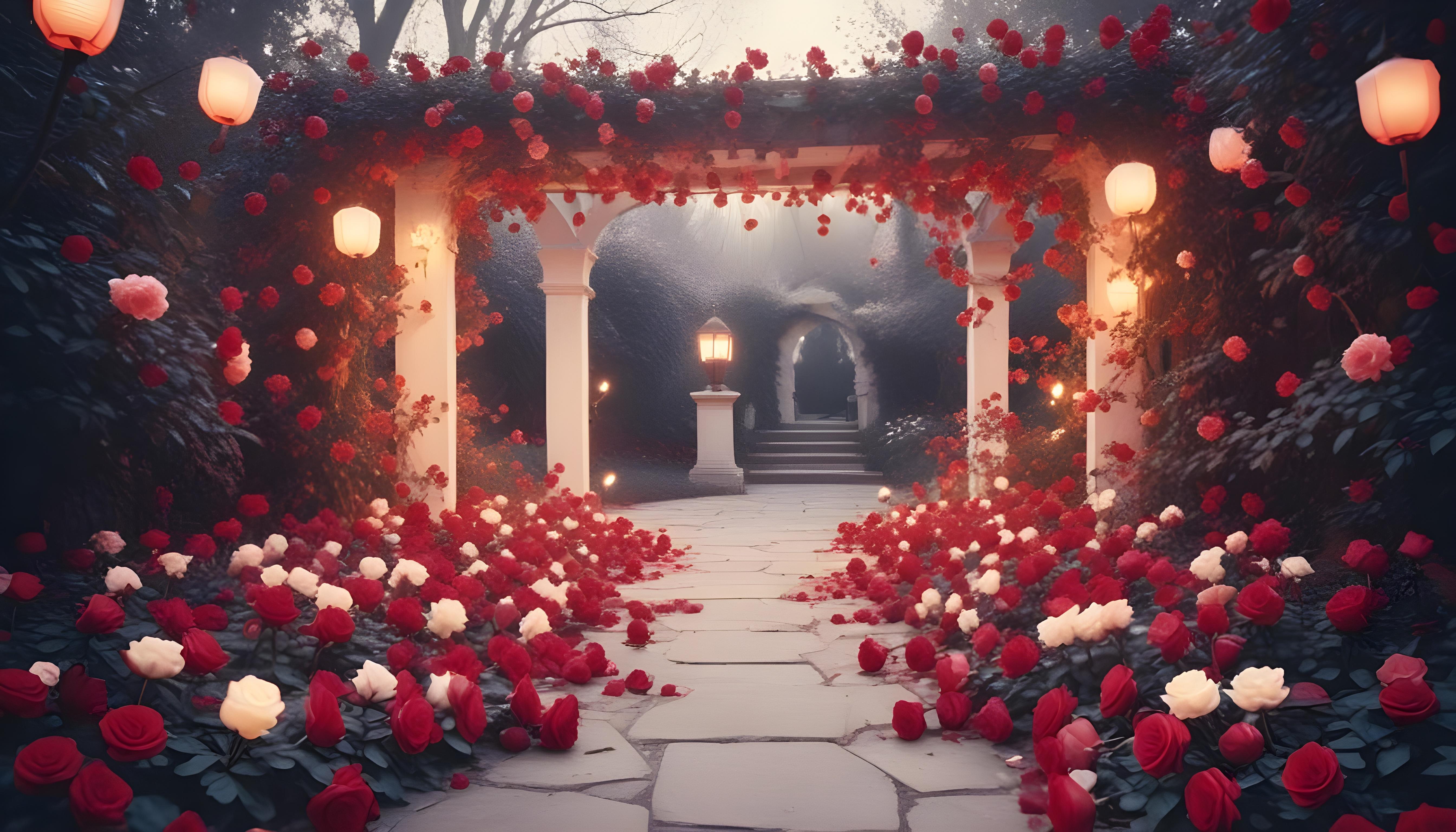 Enchanting Rose Garden Landscape with Blooming Flowers and Magical Moonlit Atmosphere