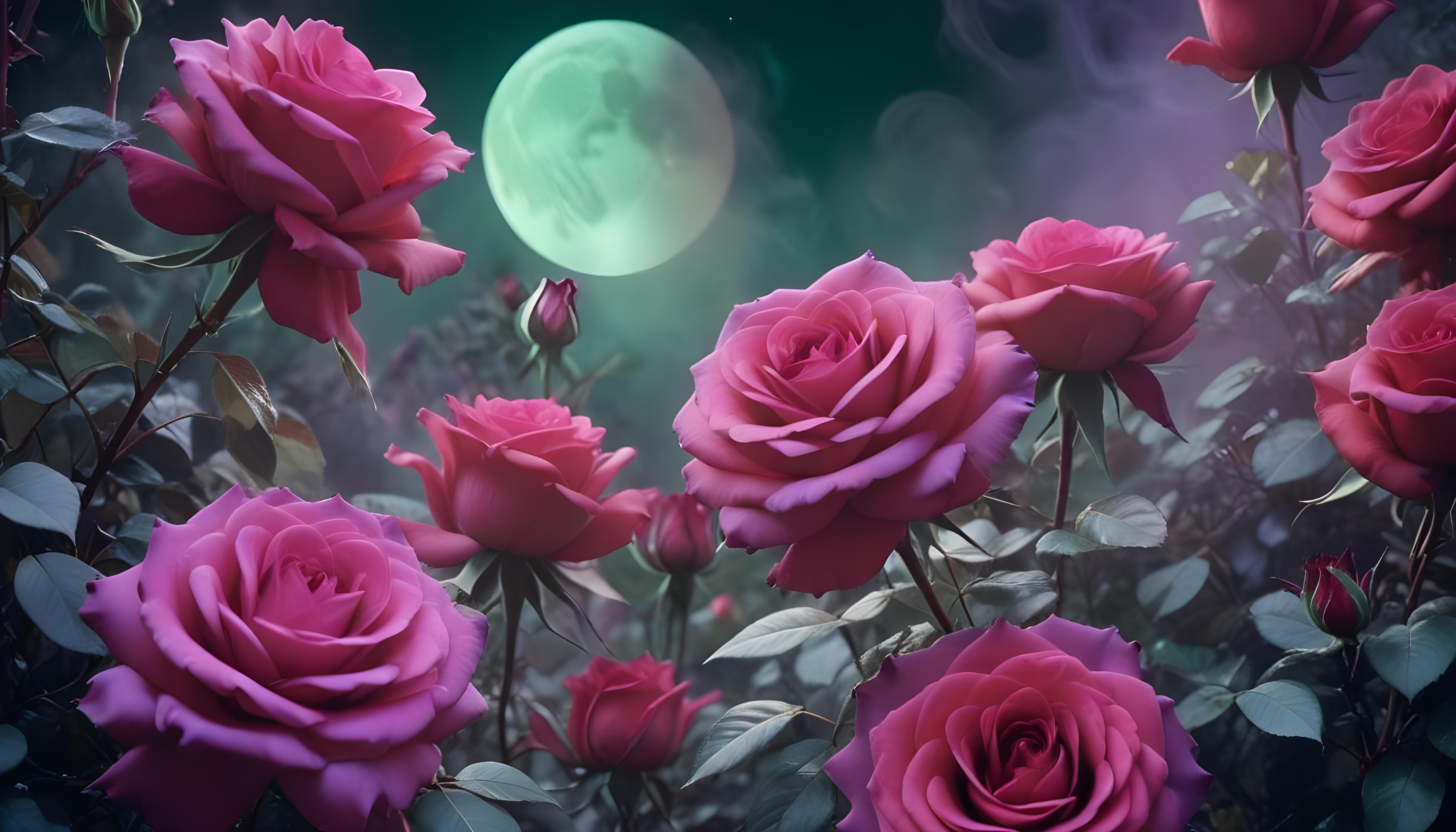 Enchanting Rose Garden Landscape with Blooming Flowers and Magical Moonlit Atmosphere