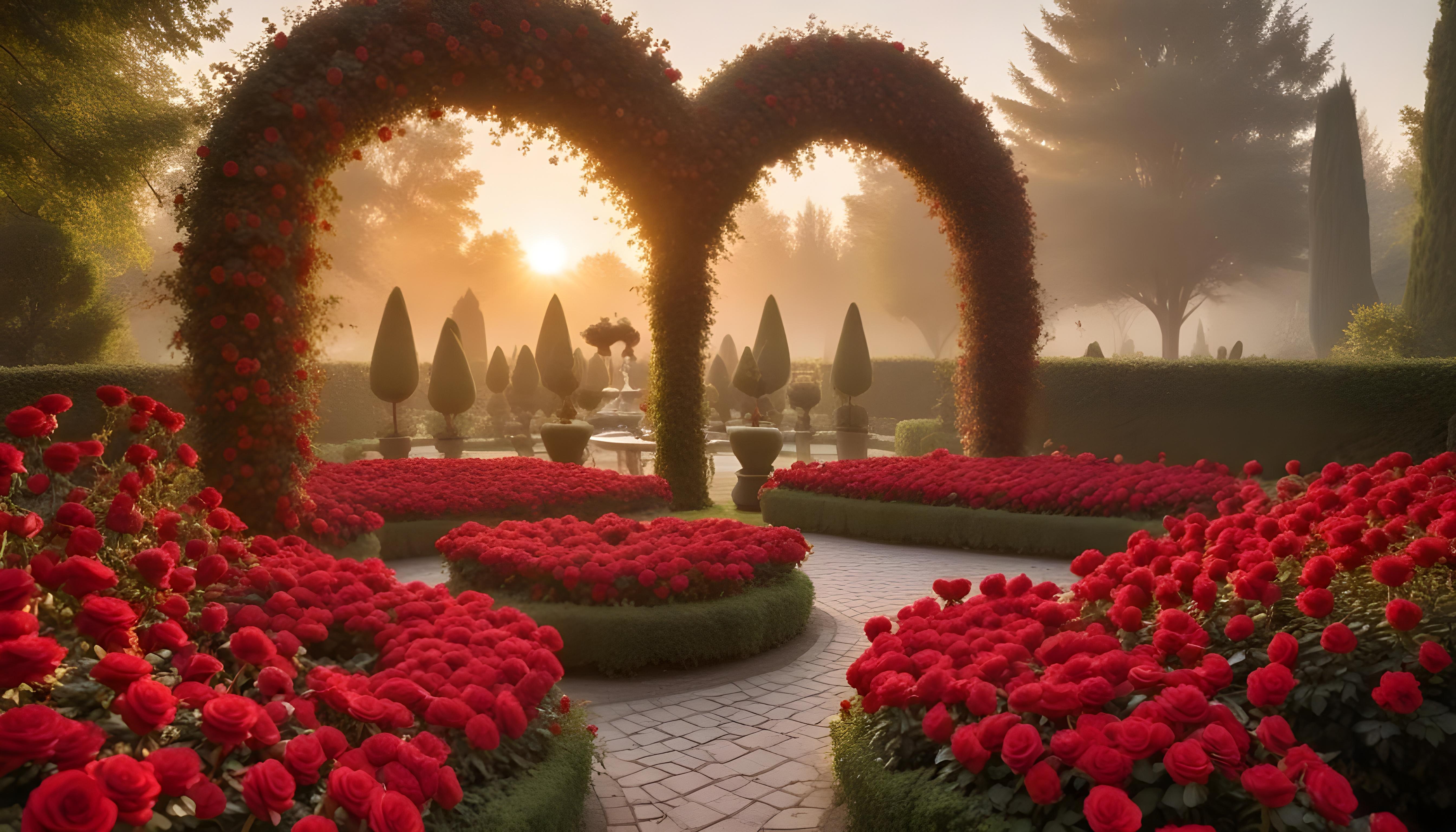 Enchanting Rose Garden Landscape with Blooming Flowers and Magical Moonlit Atmosphere