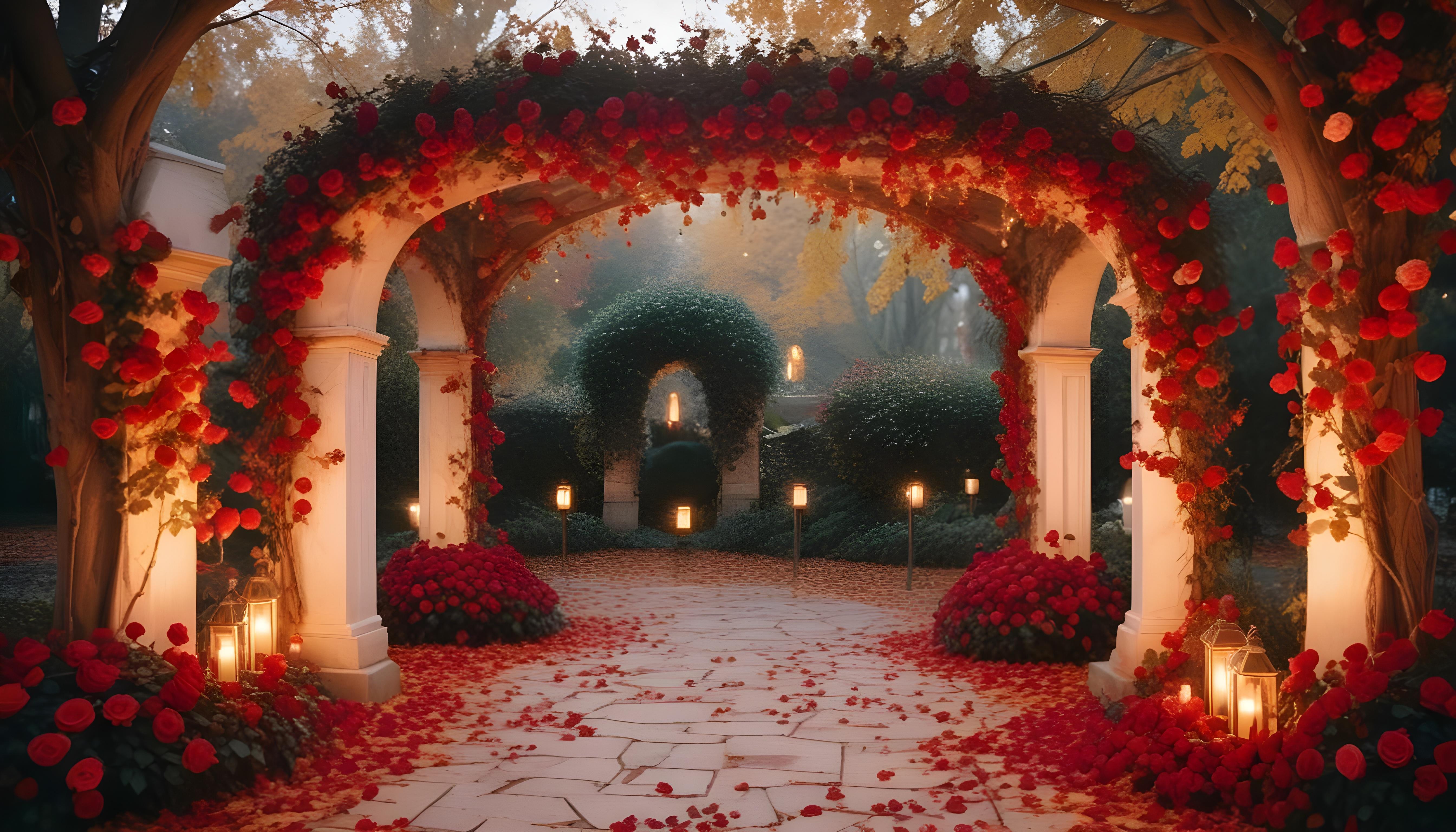 Enchanting Rose Garden Landscape with Blooming Flowers and Magical Moonlit Atmosphere