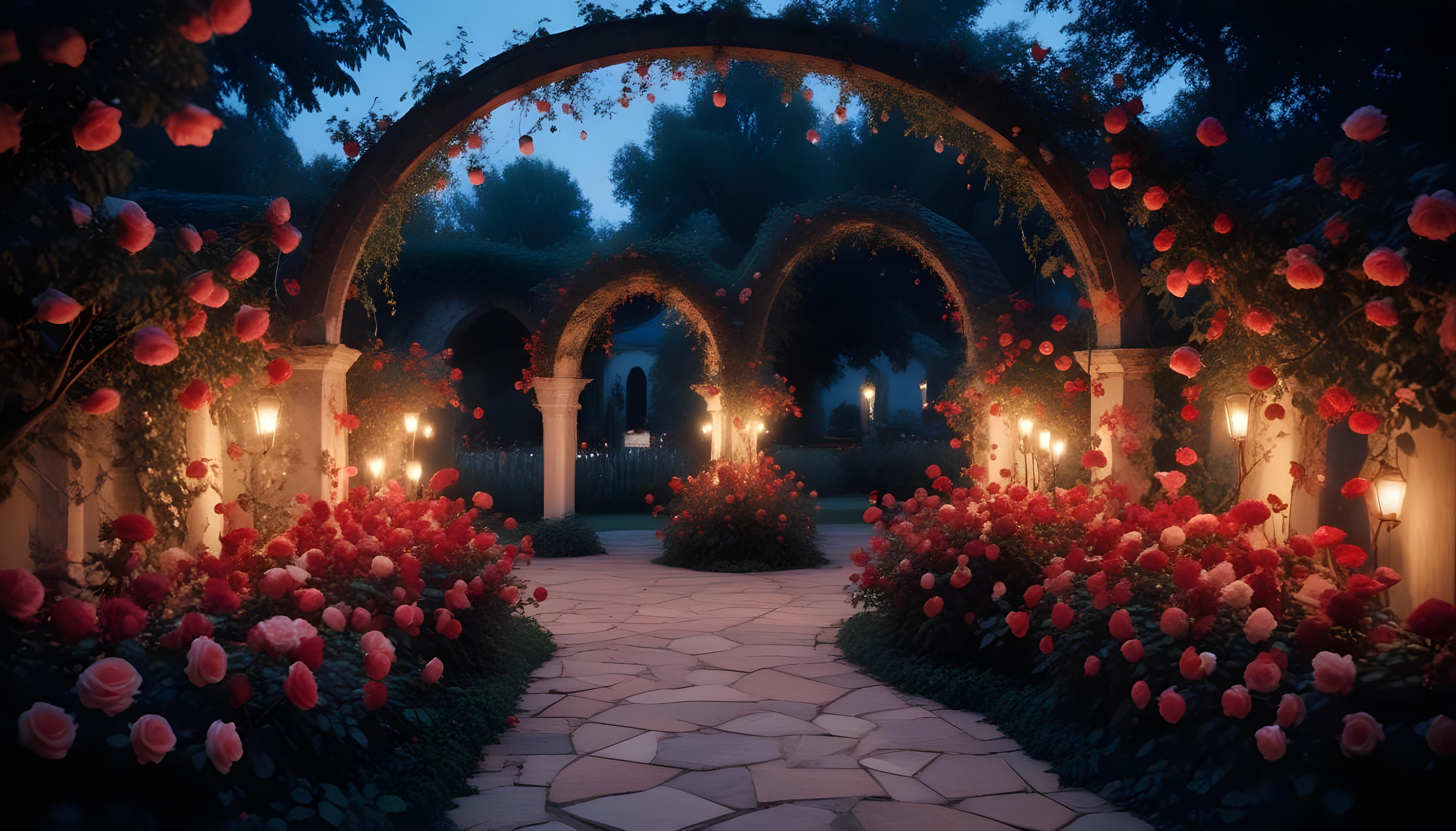 Enchanting Rose Garden Landscape with Blooming Flowers and Magical Moonlit Atmosphere