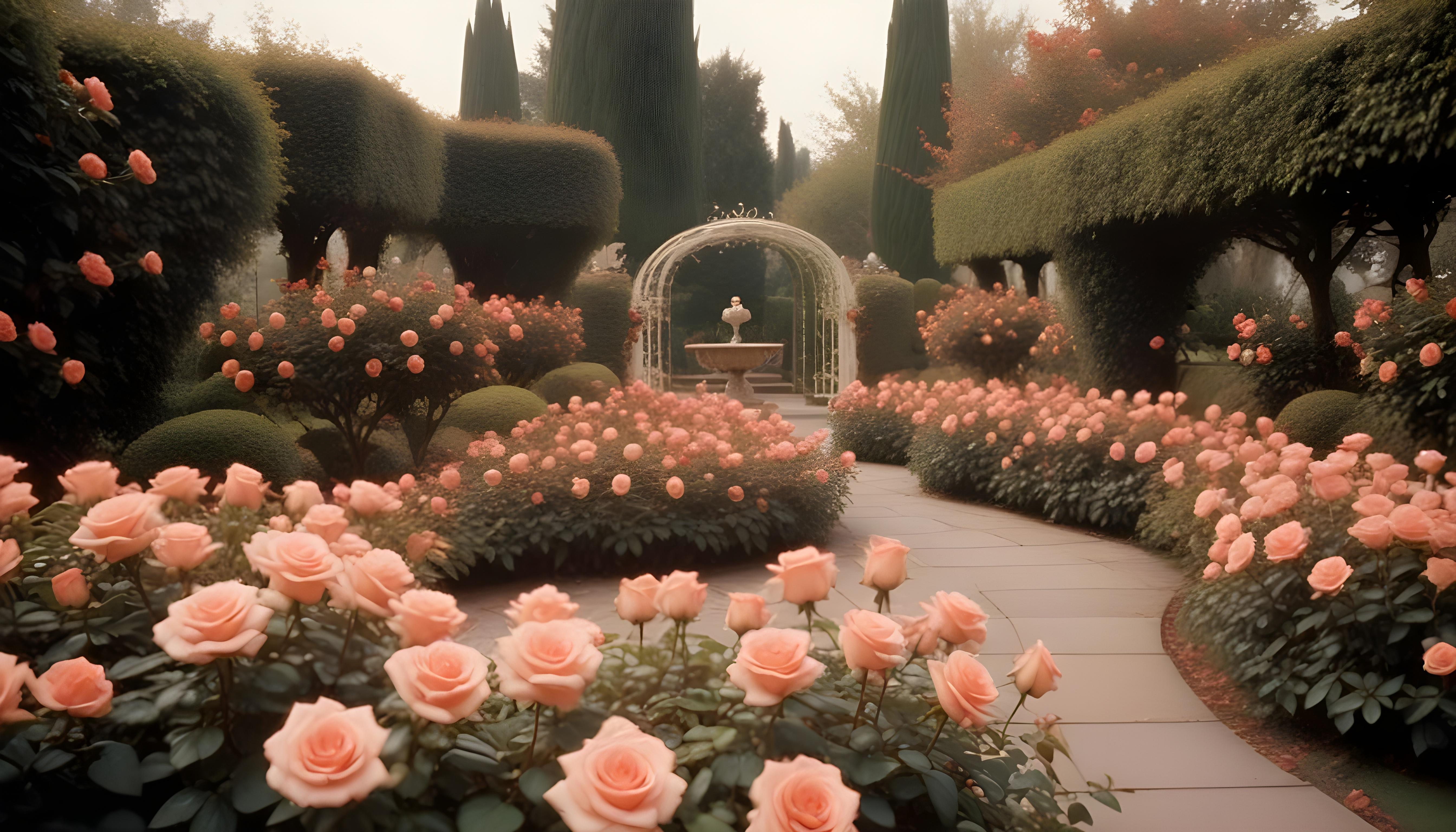Enchanting Rose Garden Landscape with Blooming Flowers and Magical Moonlit Atmosphere