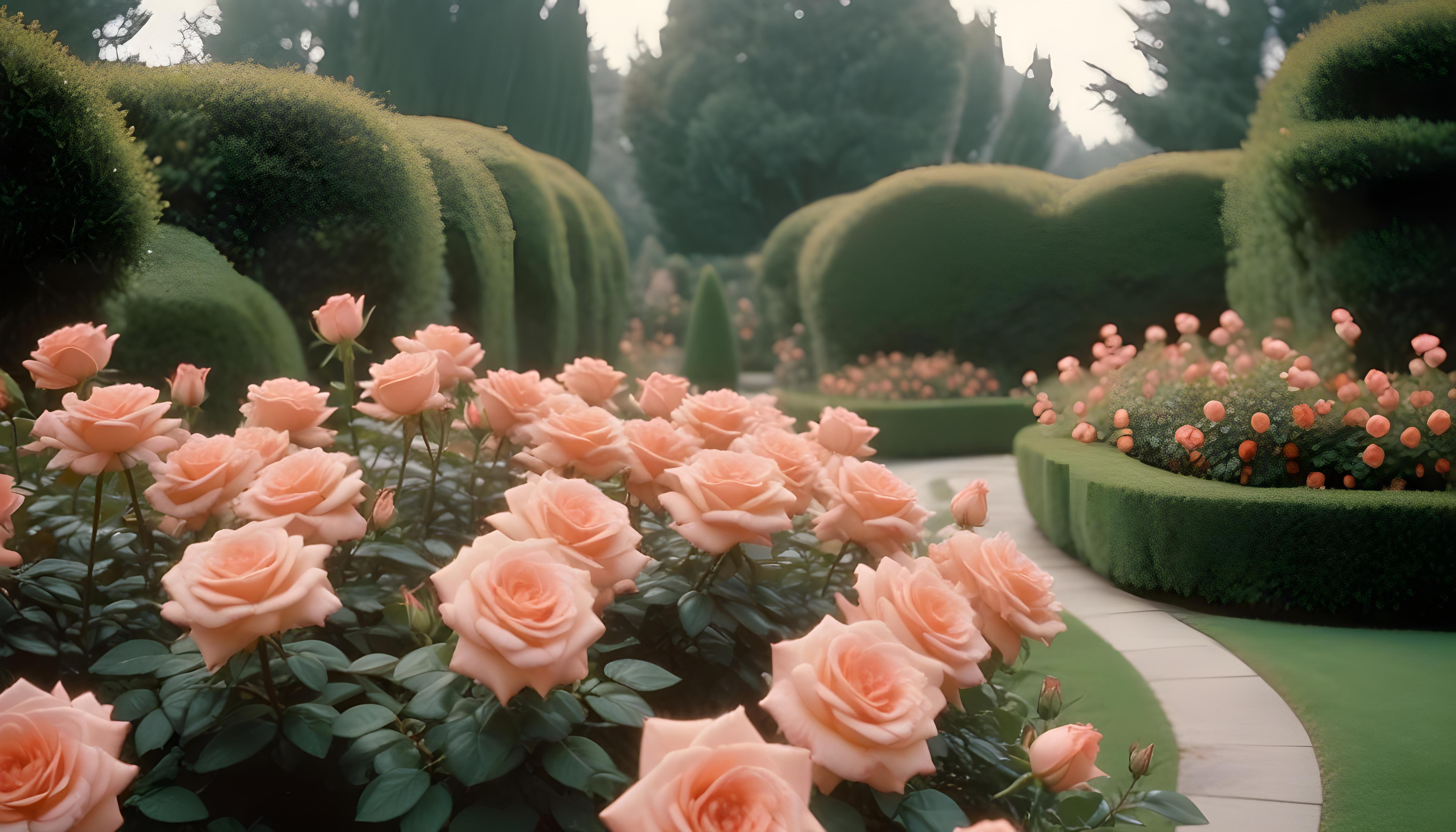 Enchanting Rose Garden Landscape with Blooming Flowers and Magical Moonlit Atmosphere