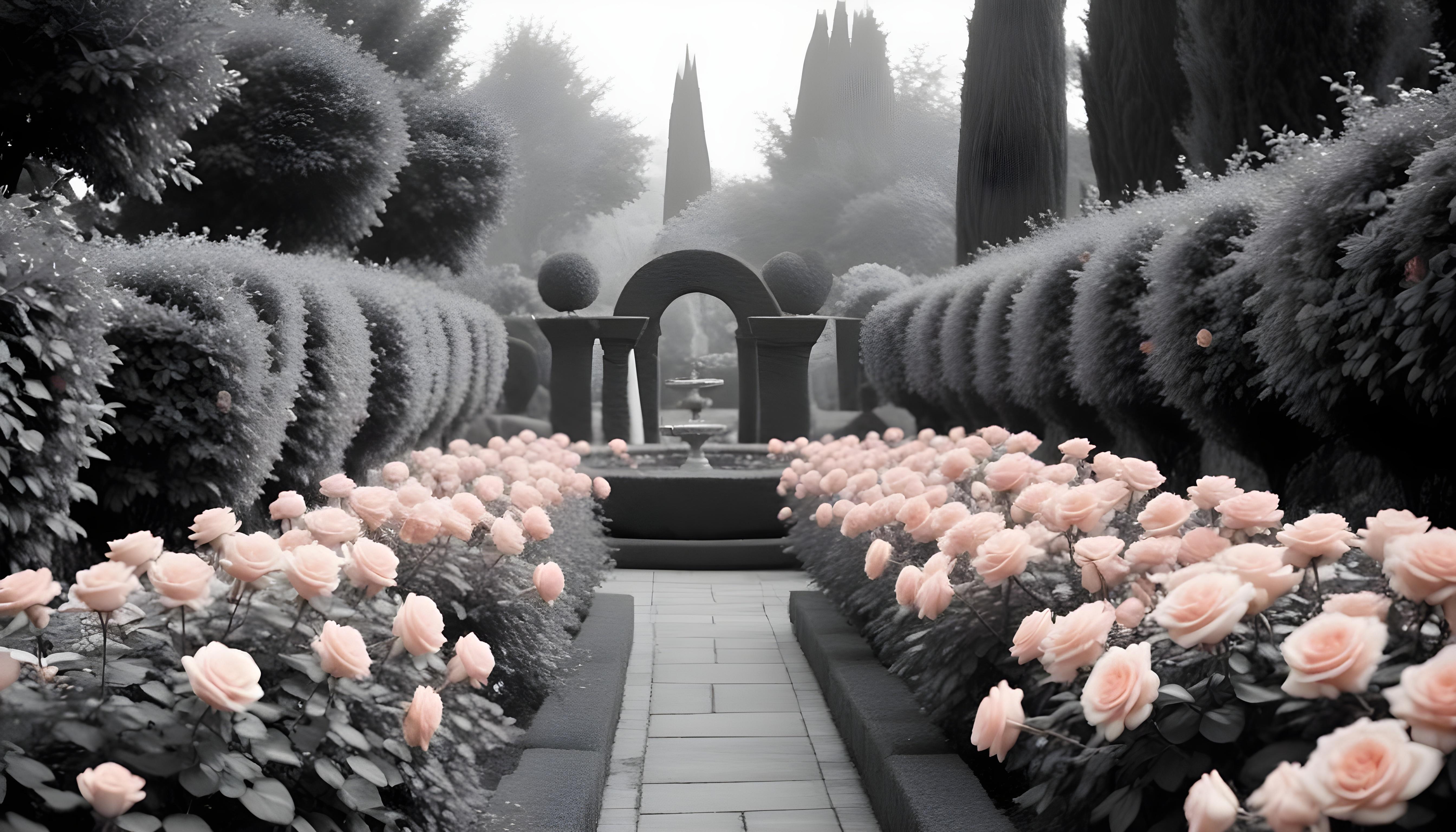 Enchanting Rose Garden Landscape with Blooming Flowers and Magical Moonlit Atmosphere