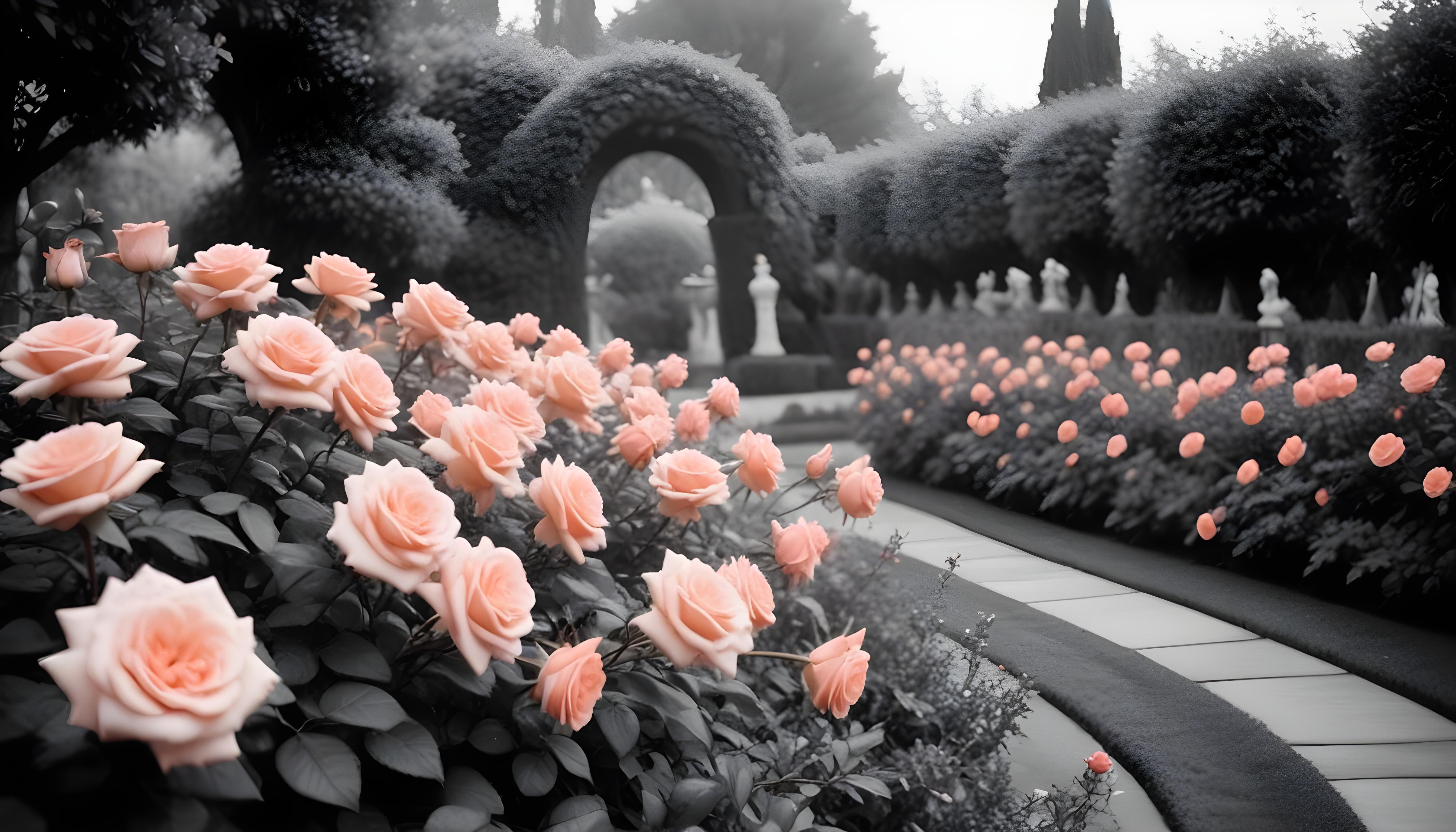 Enchanting Rose Garden Landscape with Blooming Flowers and Magical Moonlit Atmosphere