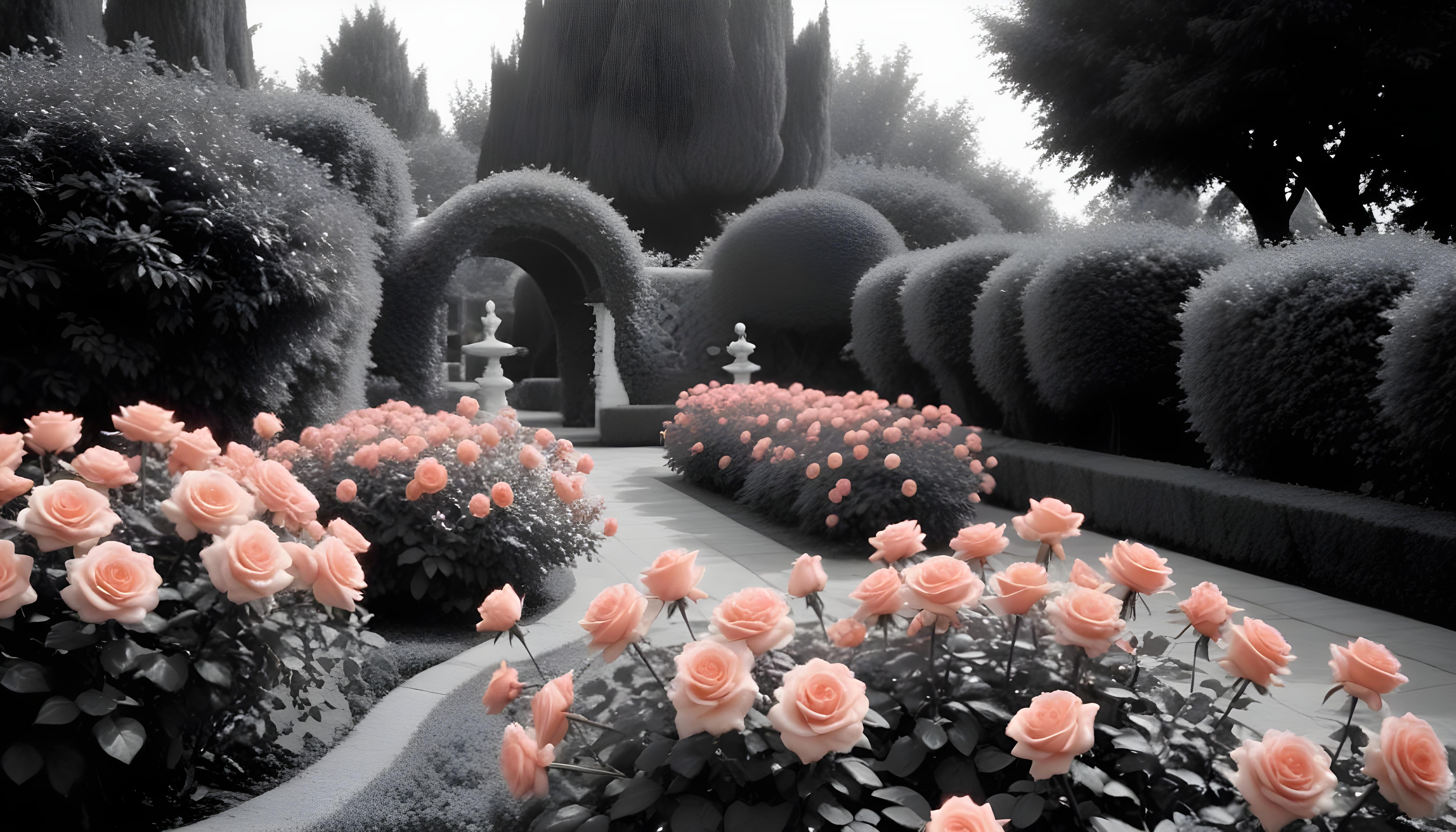 Enchanting Rose Garden Landscape with Blooming Flowers and Magical Moonlit Atmosphere