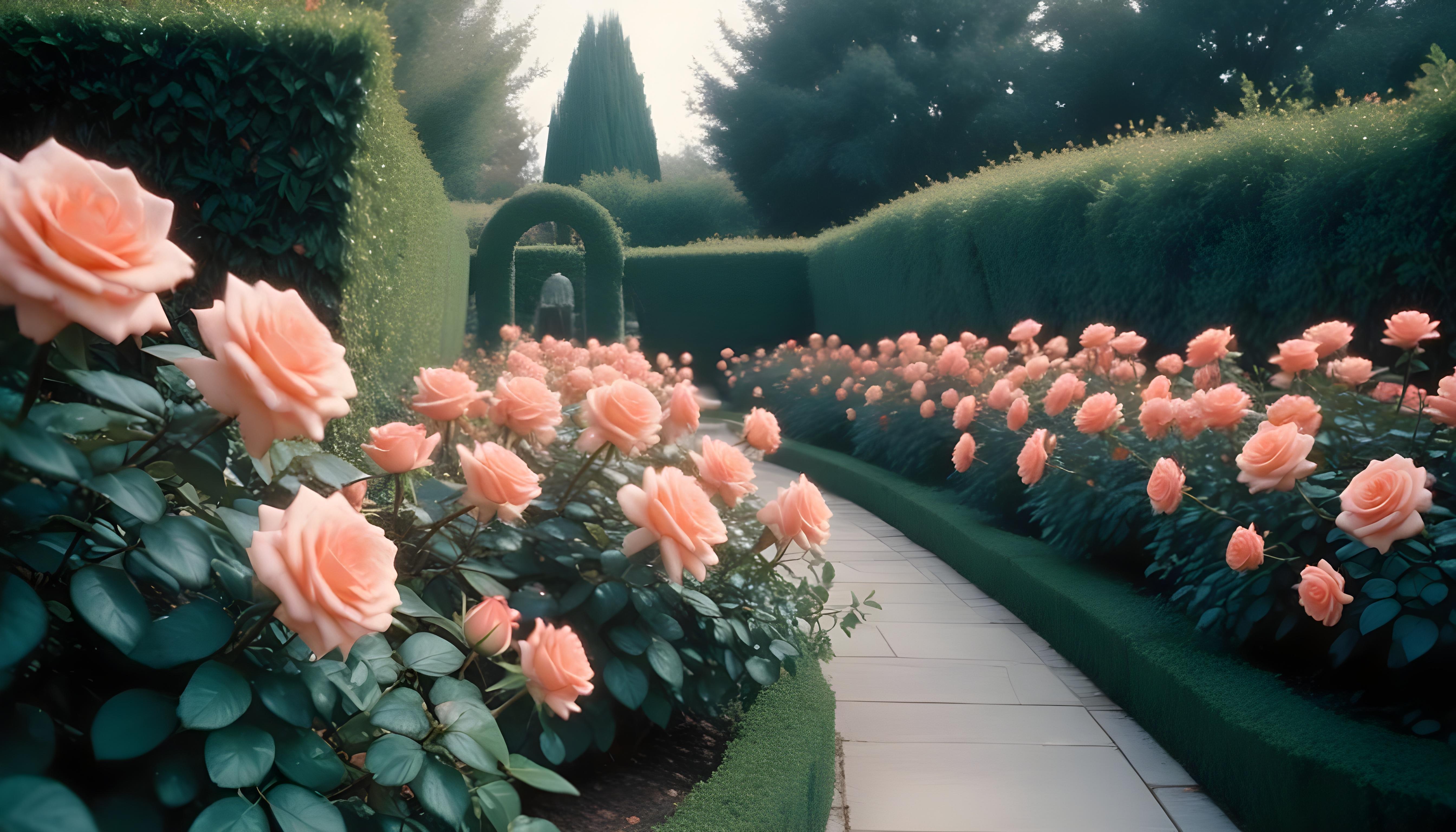 Enchanting Rose Garden Landscape with Blooming Flowers and Magical Moonlit Atmosphere