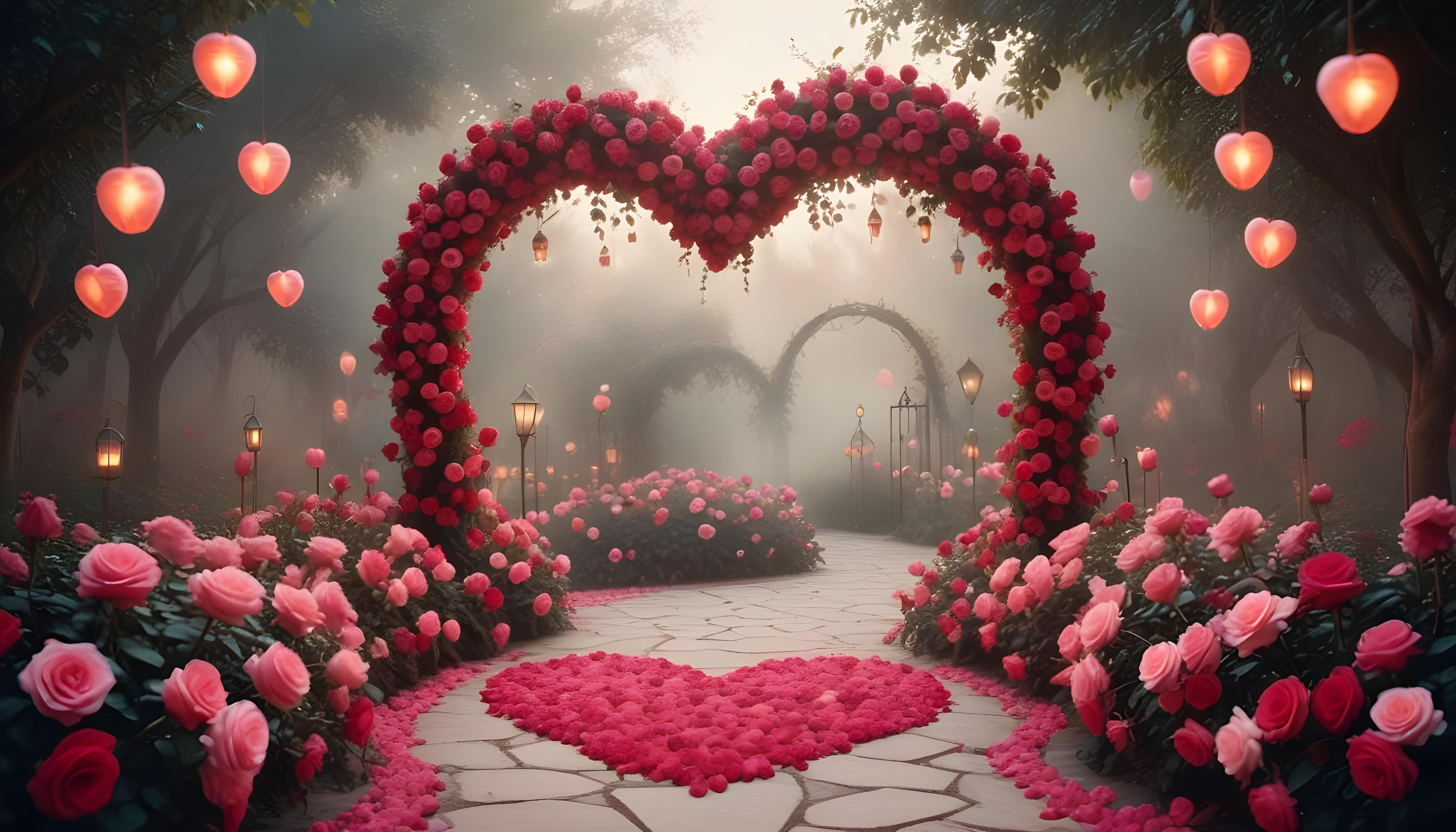 Enchanting Rose Garden Landscape with Blooming Flowers and Magical Moonlit Atmosphere