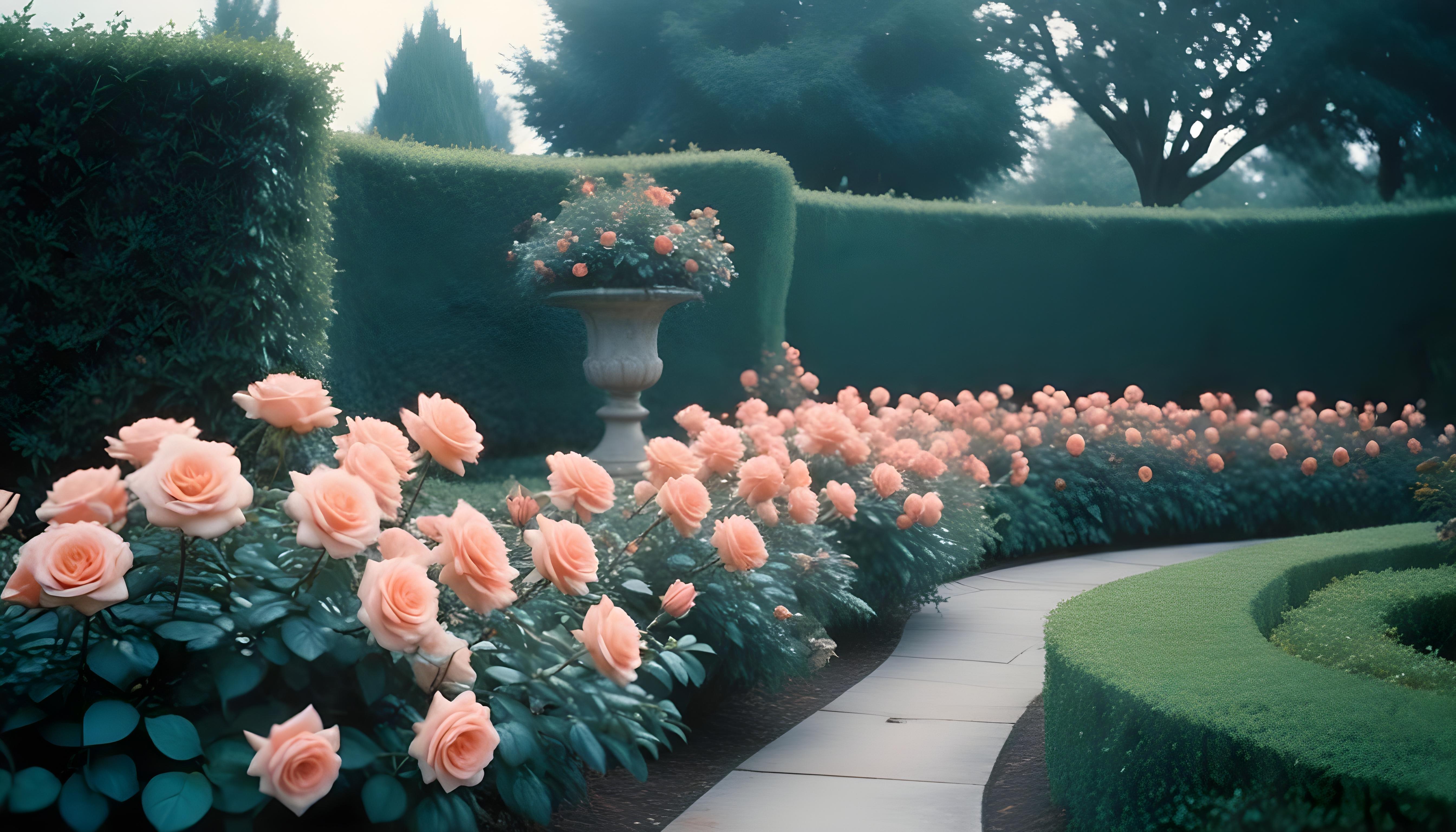 Enchanting Rose Garden Landscape with Blooming Flowers and Magical Moonlit Atmosphere