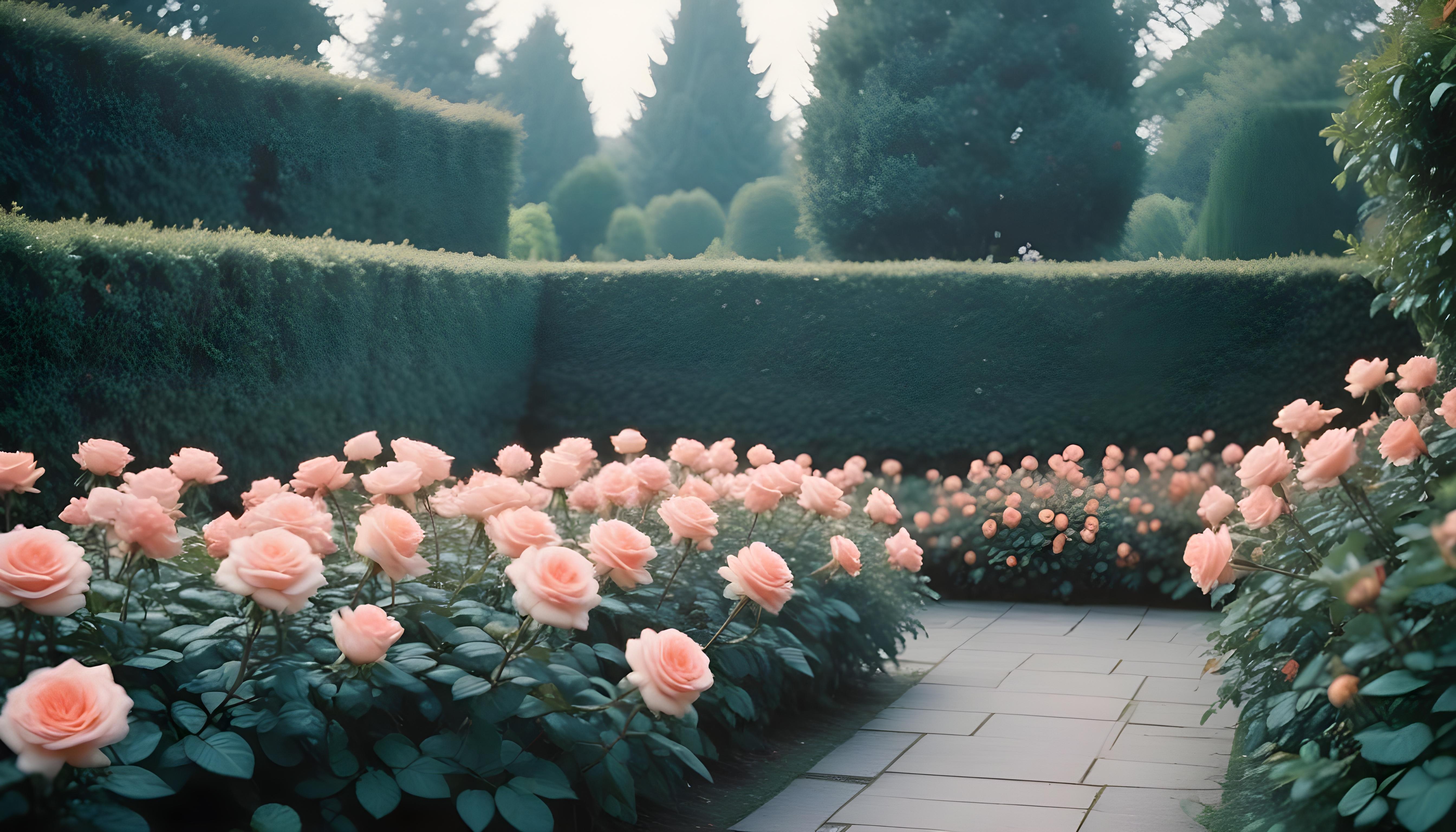 Enchanting Rose Garden Landscape with Blooming Flowers and Magical Moonlit Atmosphere