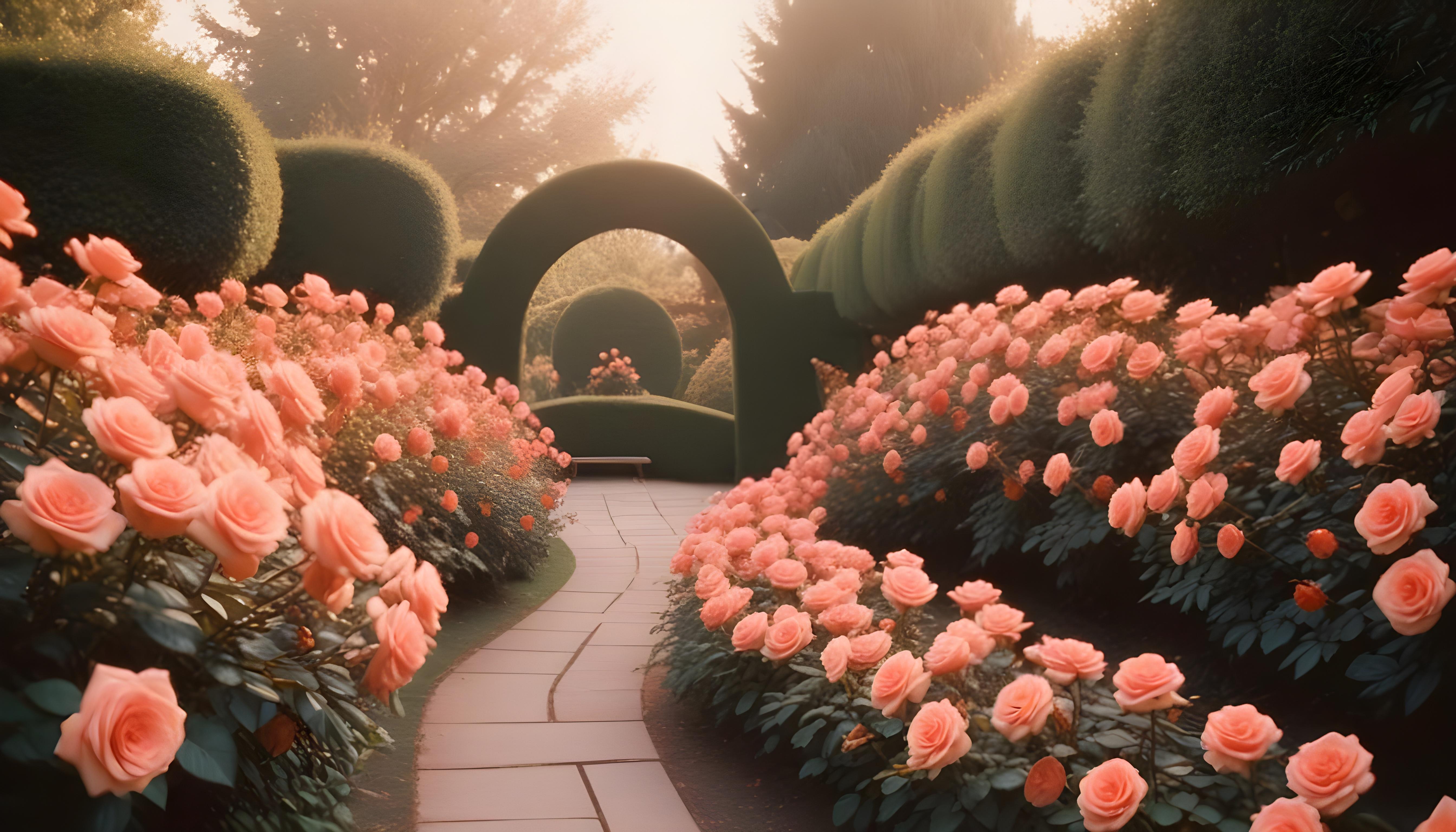 Enchanting Rose Garden Landscape with Blooming Flowers and Magical Moonlit Atmosphere