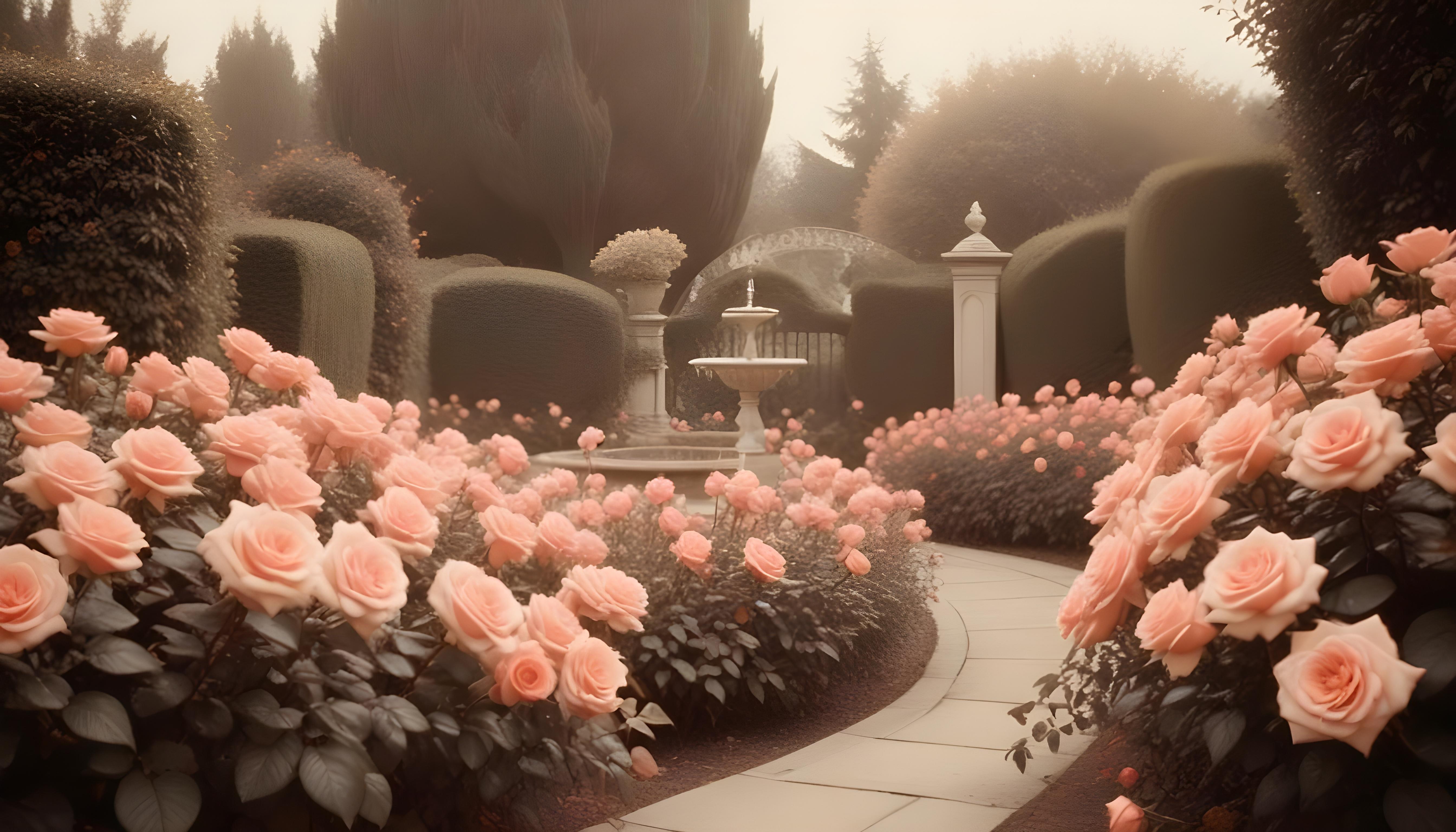 Enchanting Rose Garden Landscape with Blooming Flowers and Magical Moonlit Atmosphere