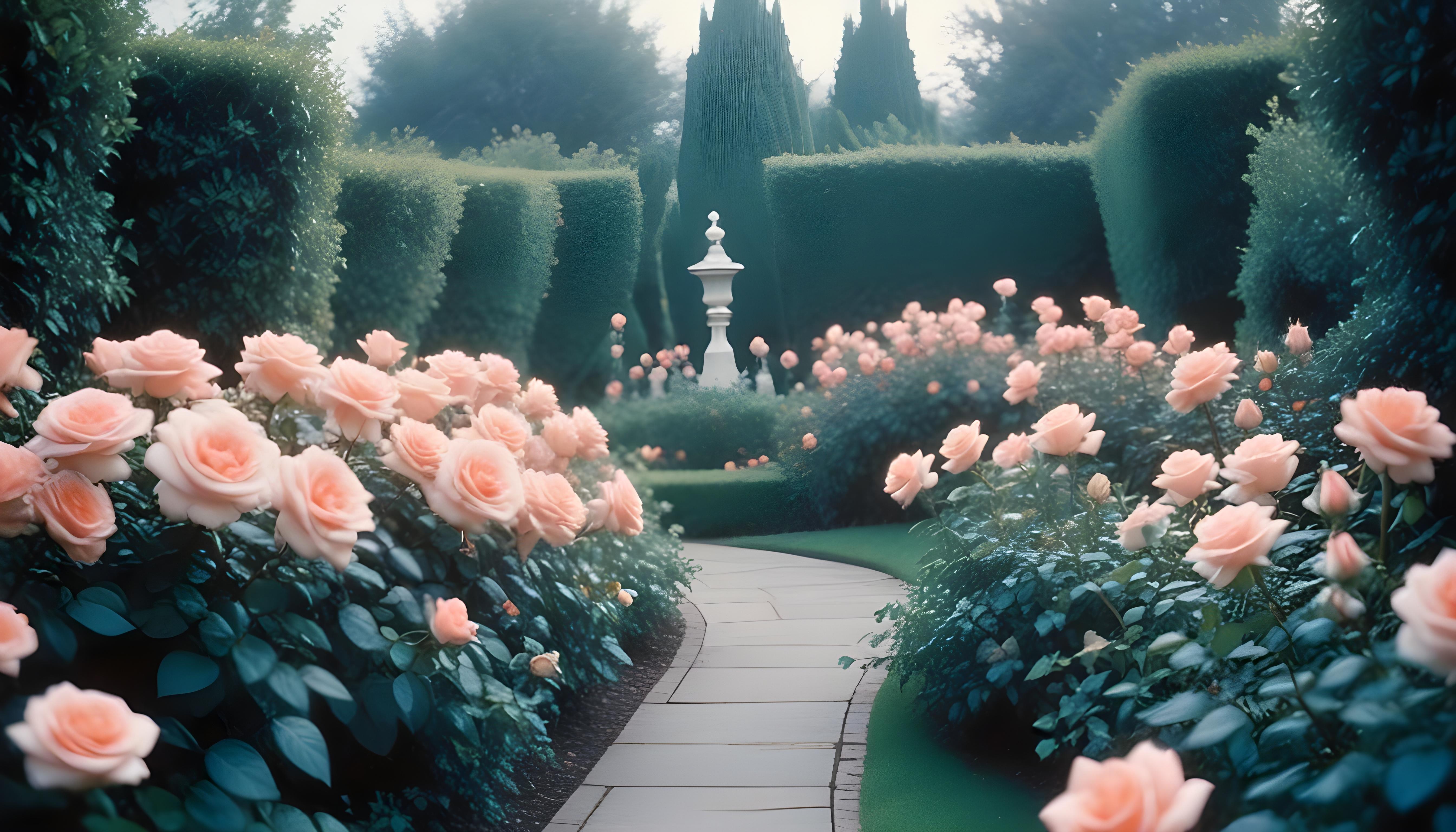 Enchanting Rose Garden Landscape with Blooming Flowers and Magical Moonlit Atmosphere