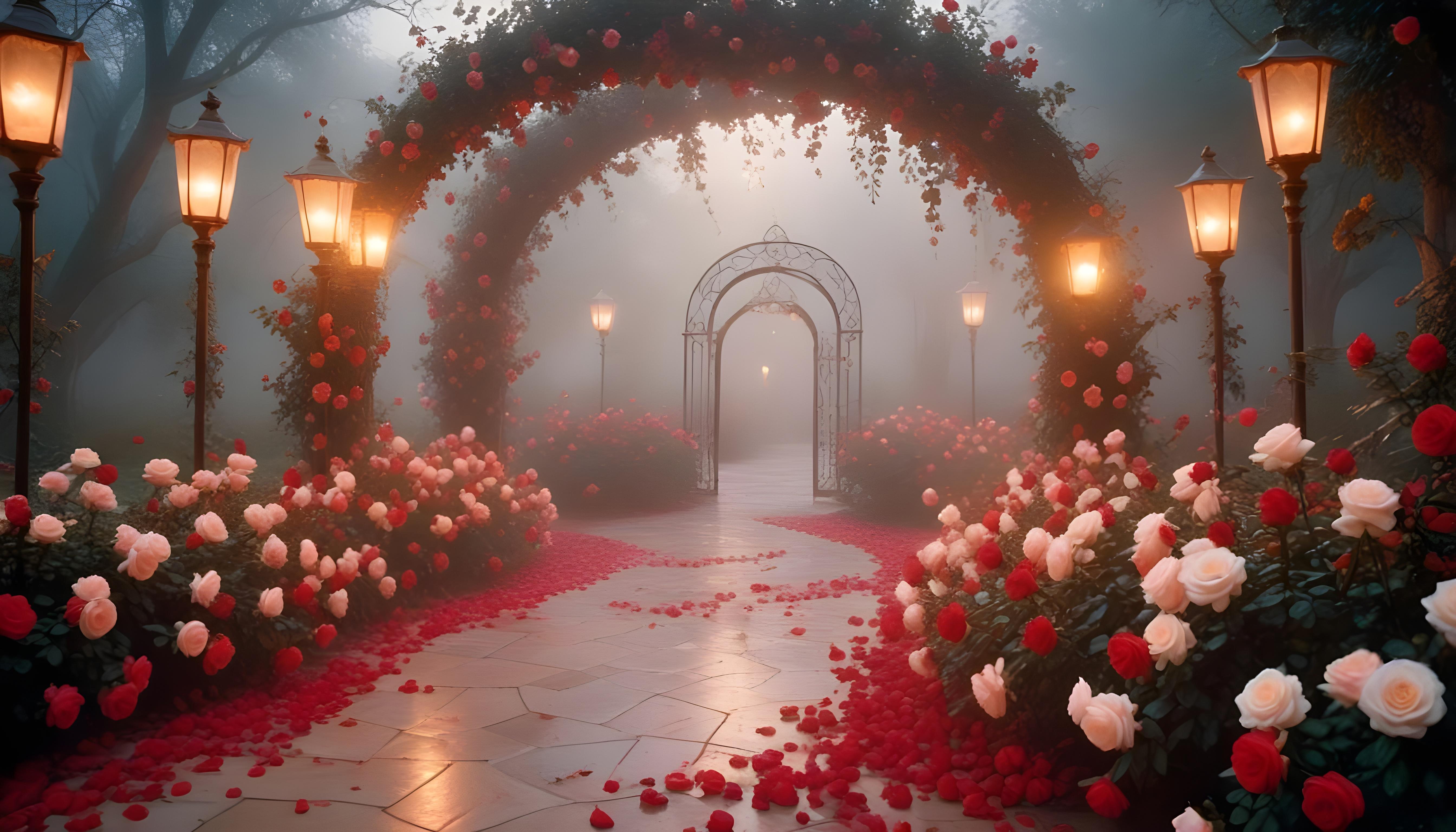 Enchanting Rose Garden Landscape with Blooming Flowers and Magical Moonlit Atmosphere