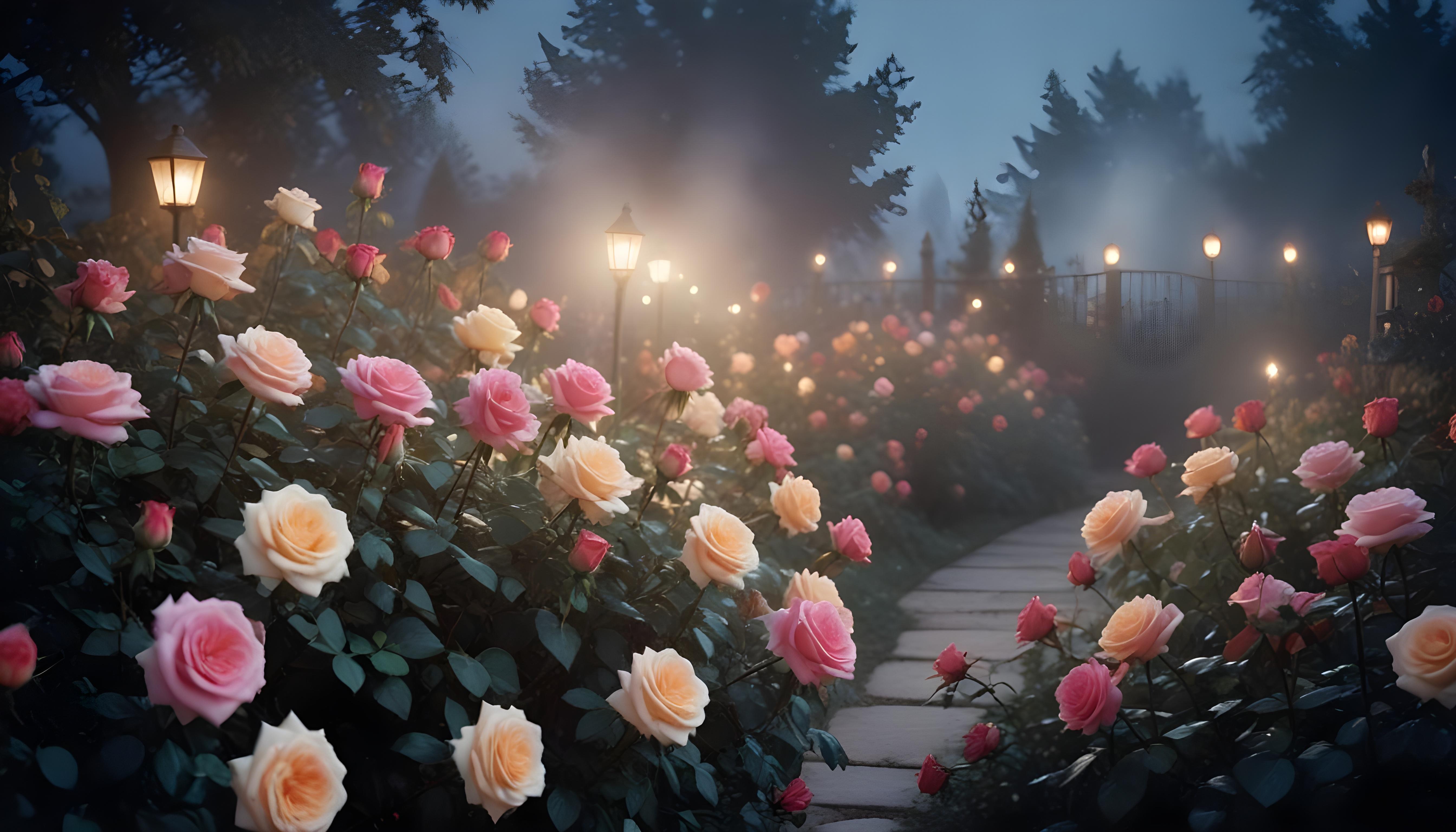 Enchanting Rose Garden Landscape with Blooming Flowers and Magical Moonlit Atmosphere