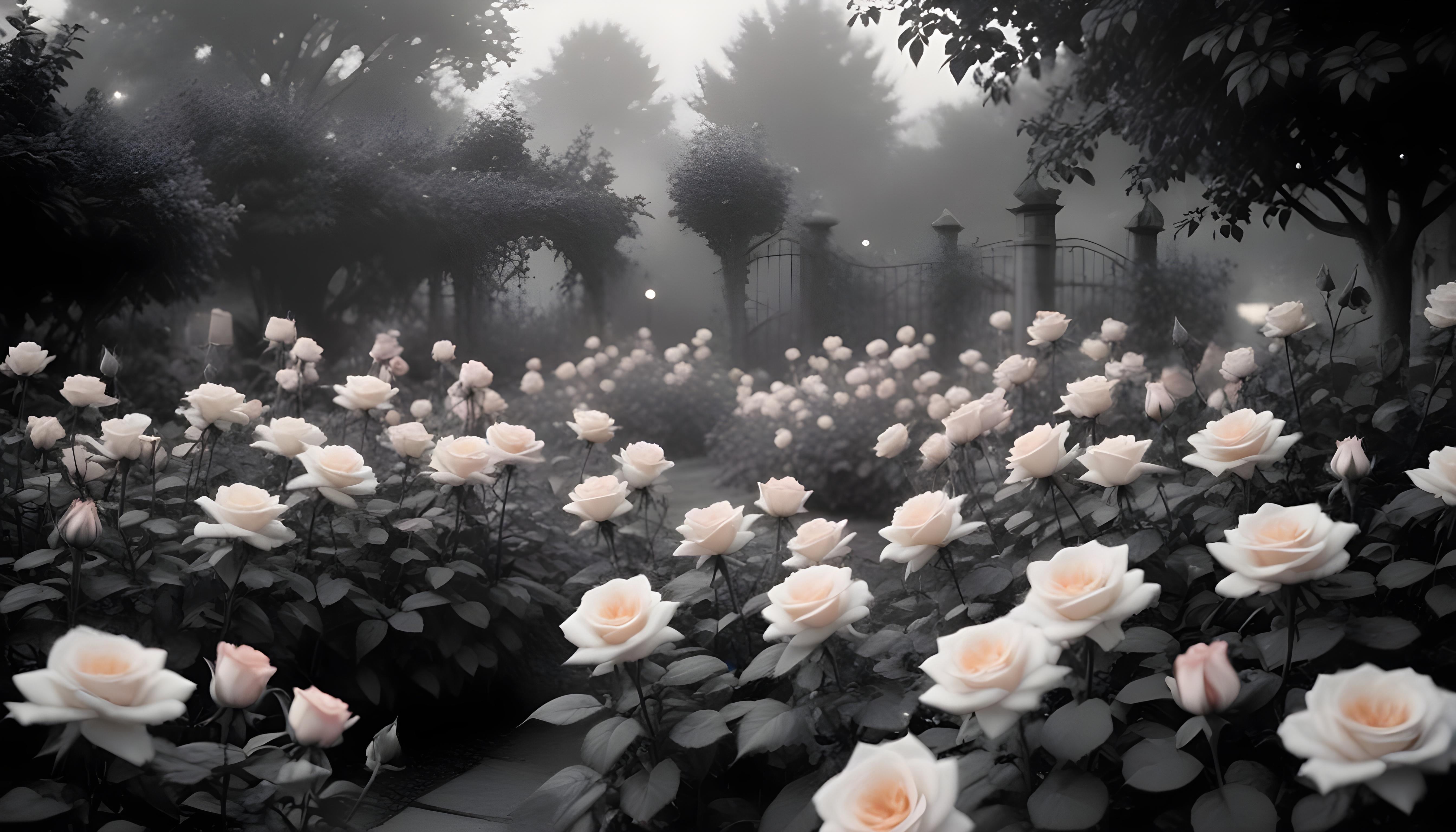 Enchanting Rose Garden Landscape with Blooming Flowers and Magical Moonlit Atmosphere