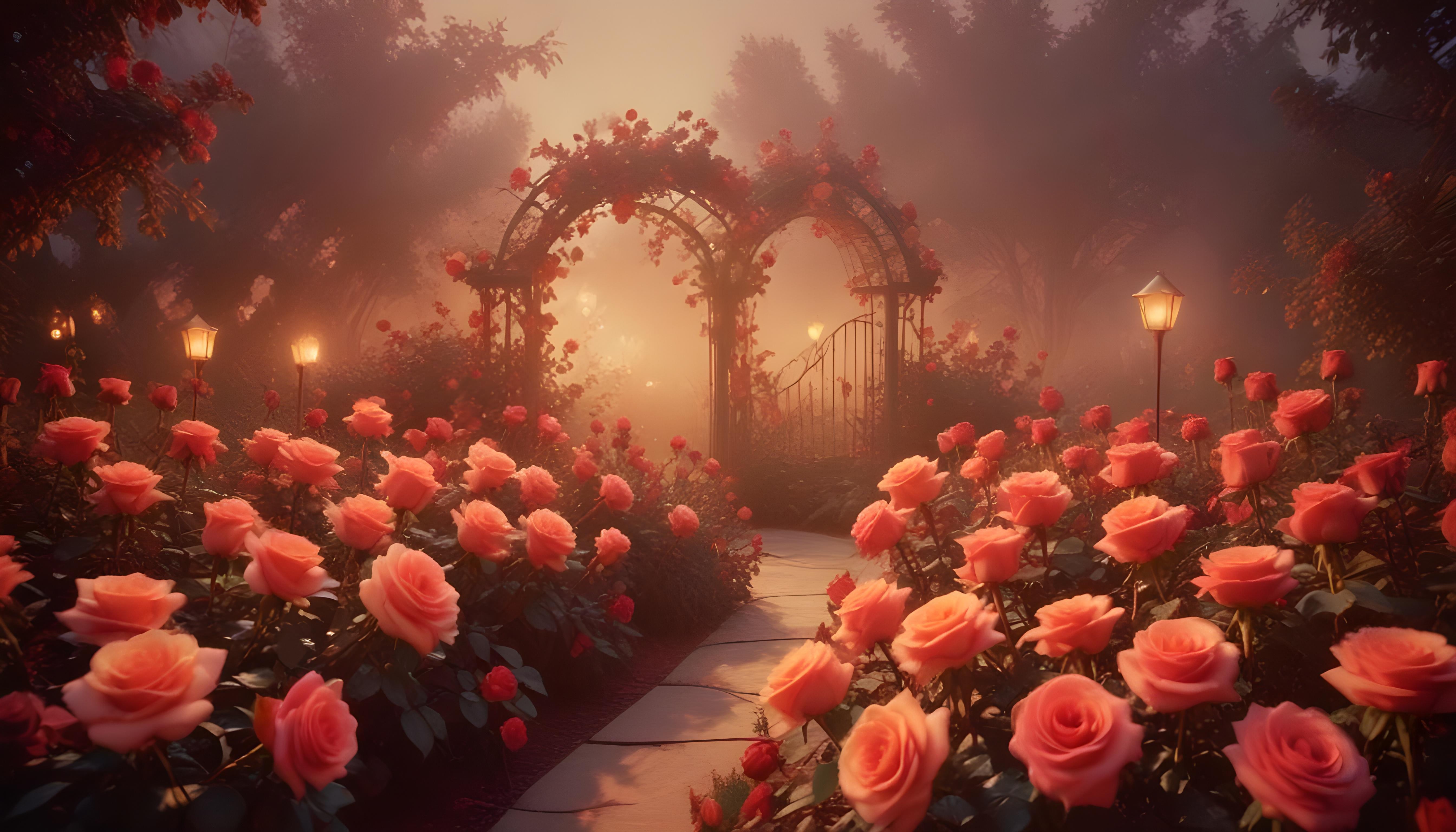 Enchanting Rose Garden Landscape with Blooming Flowers and Magical Moonlit Atmosphere